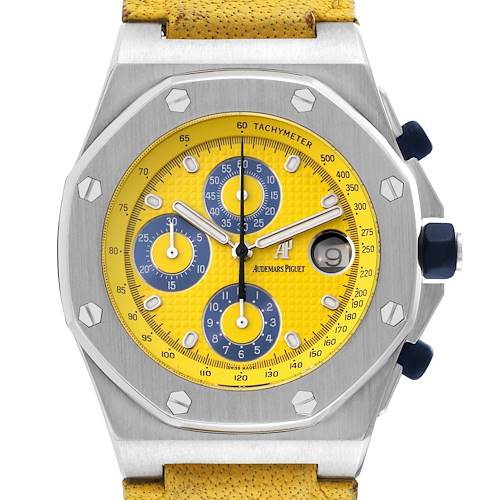 The image shows a frontal view of an Audemars Piguet Royal Oak Offshore watch, highlighting its yellow dial and chronograph features.