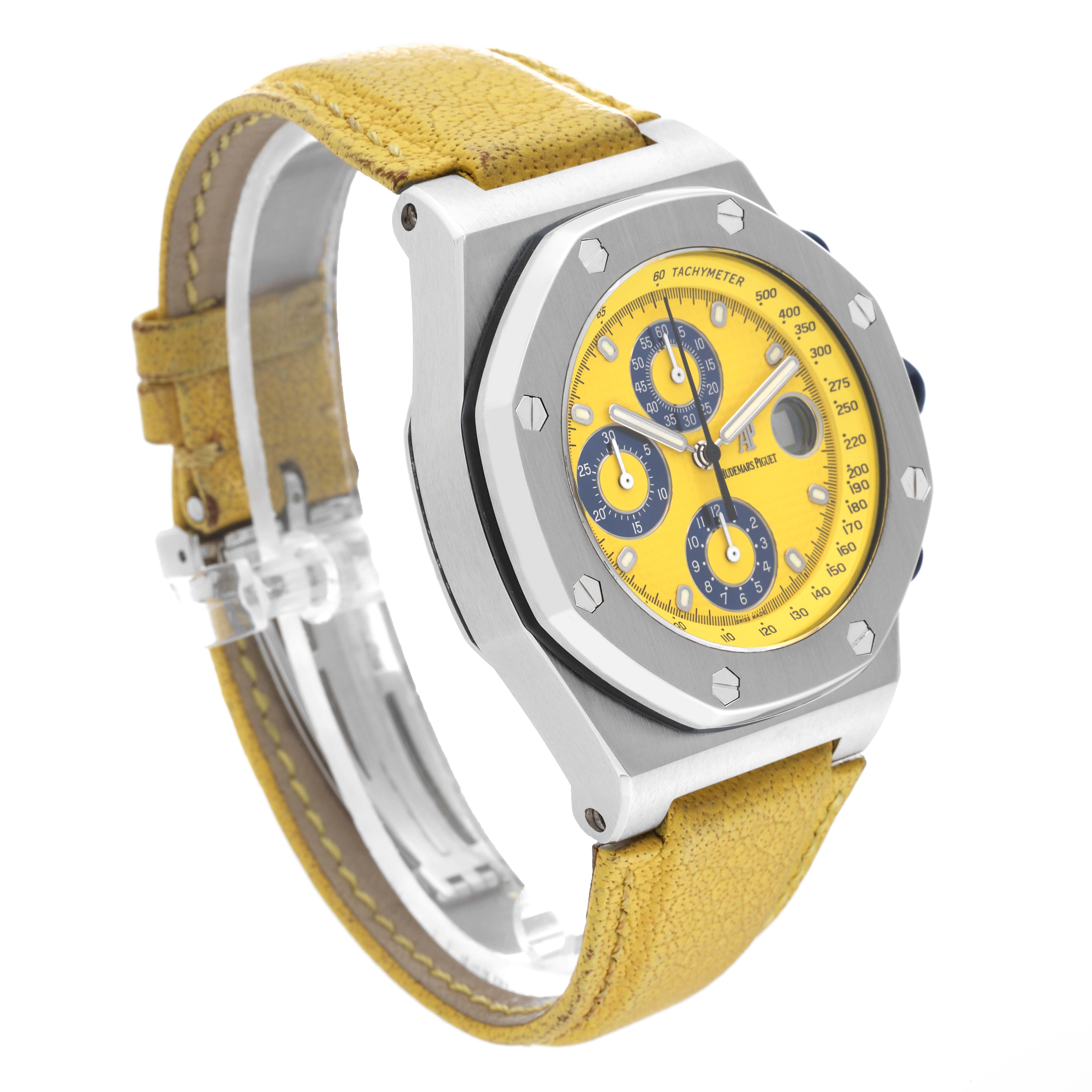 The Audemars Piguet Royal Oak Offshore 25770ST.OO.D009XX.02 Men's Stainless Steel Yellow Dial 25770ST.OO.D009XX.02 Men's Stainless Steel Yellow Dial is shown at an angle highlighting its yellow dial, subdials, bezel, and strap.