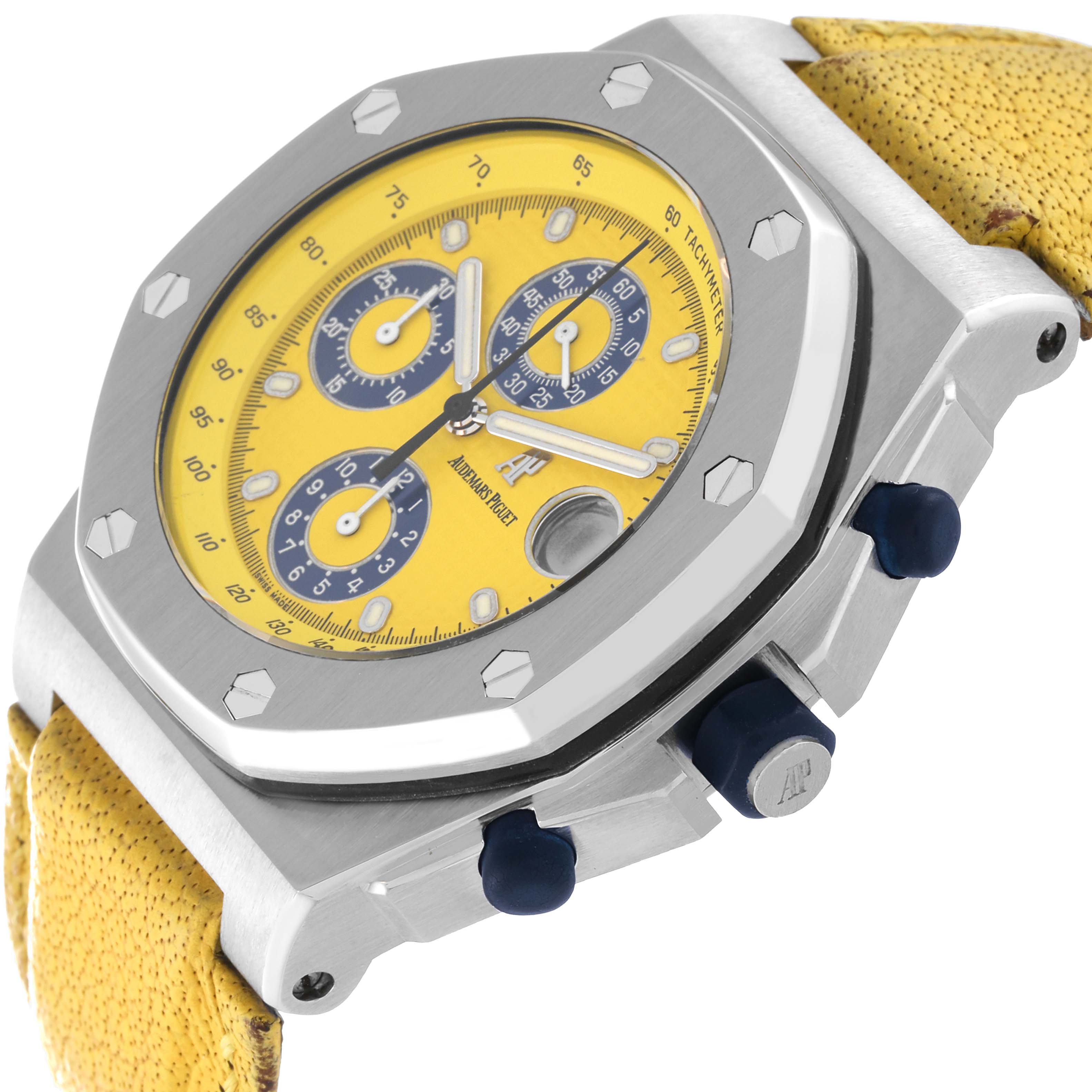 The image shows a close-up angle of an Audemars Piguet Royal Oak Offshore 25770ST.OO.D009XX.02 Men's Stainless Steel Yellow Dial 25770ST.OO.D009XX.02 Men's Stainless Steel Yellow Dial watch, focusing on the yellow dial, bezel, and yellow strap.