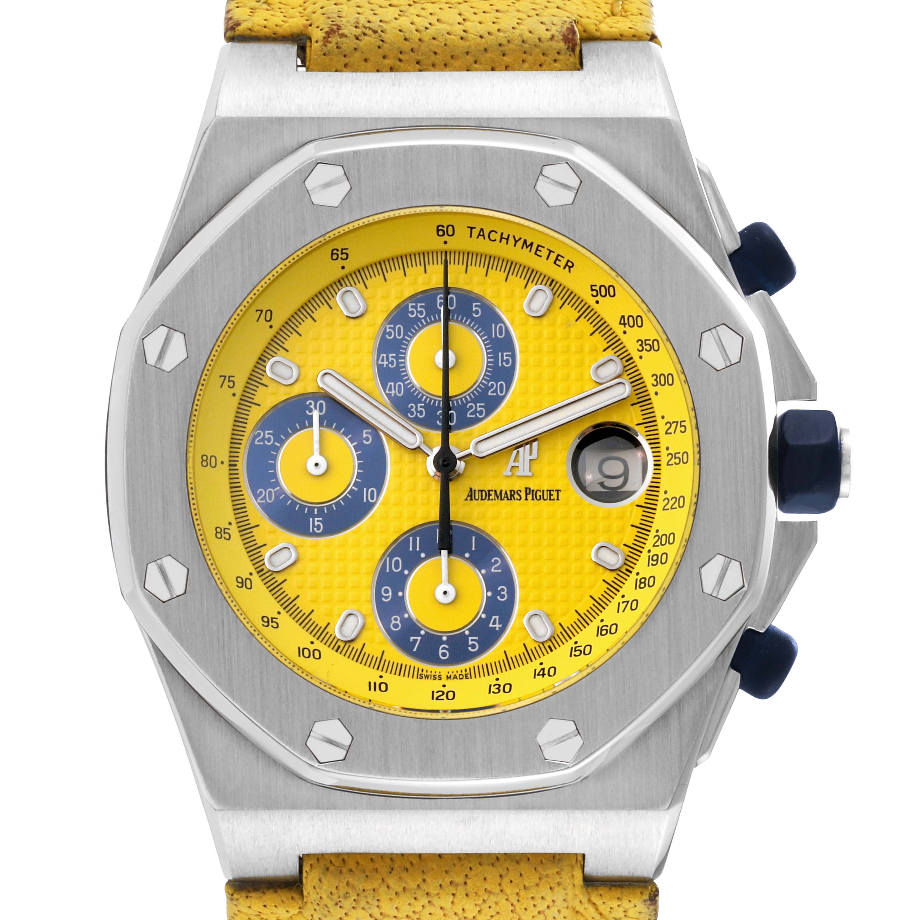 The Audemars Piguet Royal Oak Offshore 25770ST.OO.D009XX.02 Men's Stainless Steel Yellow Dial 25770ST.OO.D009XX.02 Men's Stainless Steel Yellow Dial watch is shown from the front, highlighting the face, subdials, bezel, and crown.