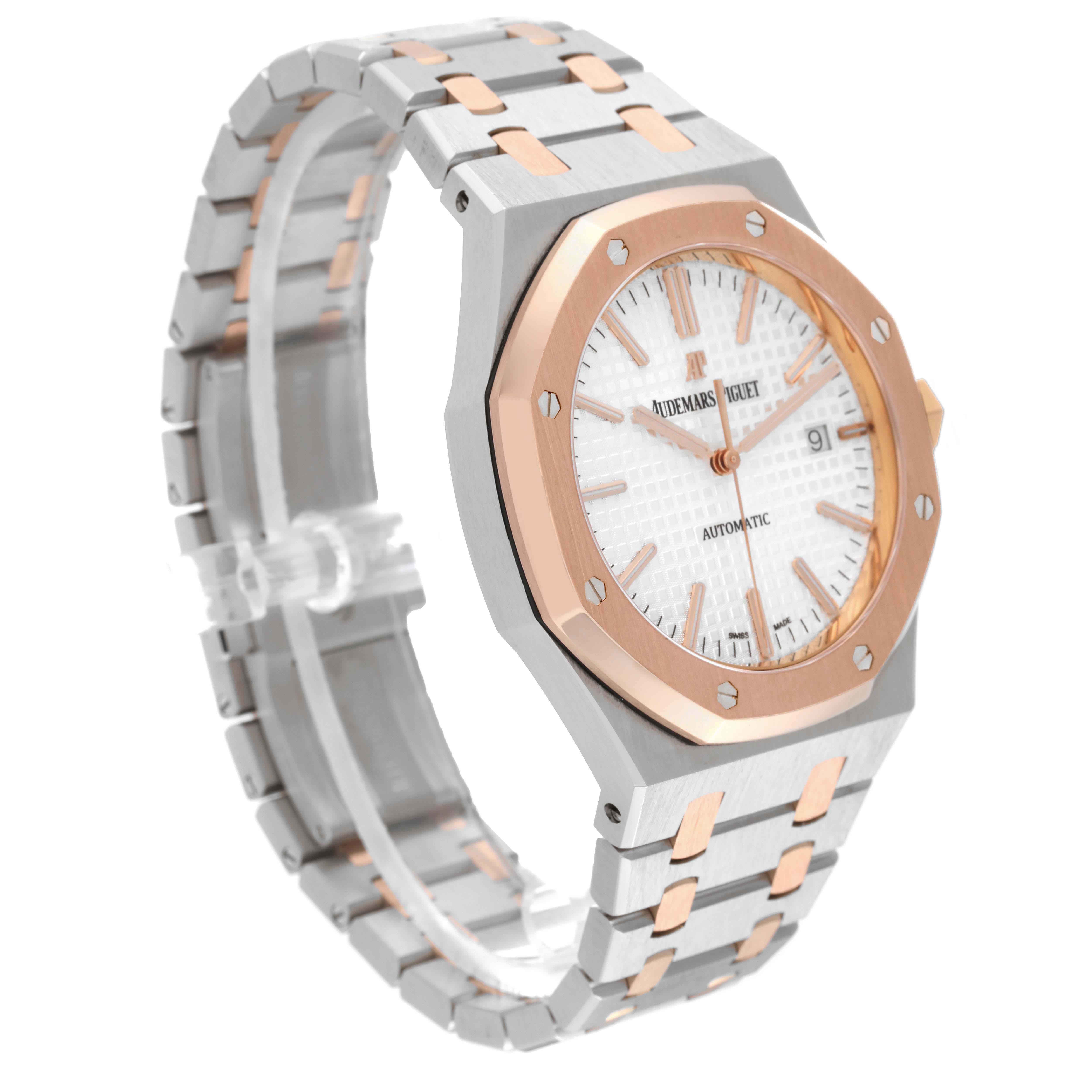 The image shows a three-quarter angle of the Audemars Piguet Royal Oak 15000TR Men's Steel and Gold (two tone) Silver Dial 15000TR Men's Steel and Gold (two tone) Silver Dial watch, showcasing its face, bezel, dial, and bracelet.