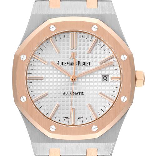 The image shows a frontal view of the Audemars Piguet Royal Oak watch, showcasing its octagonal bezel, dial, hands, and date window.