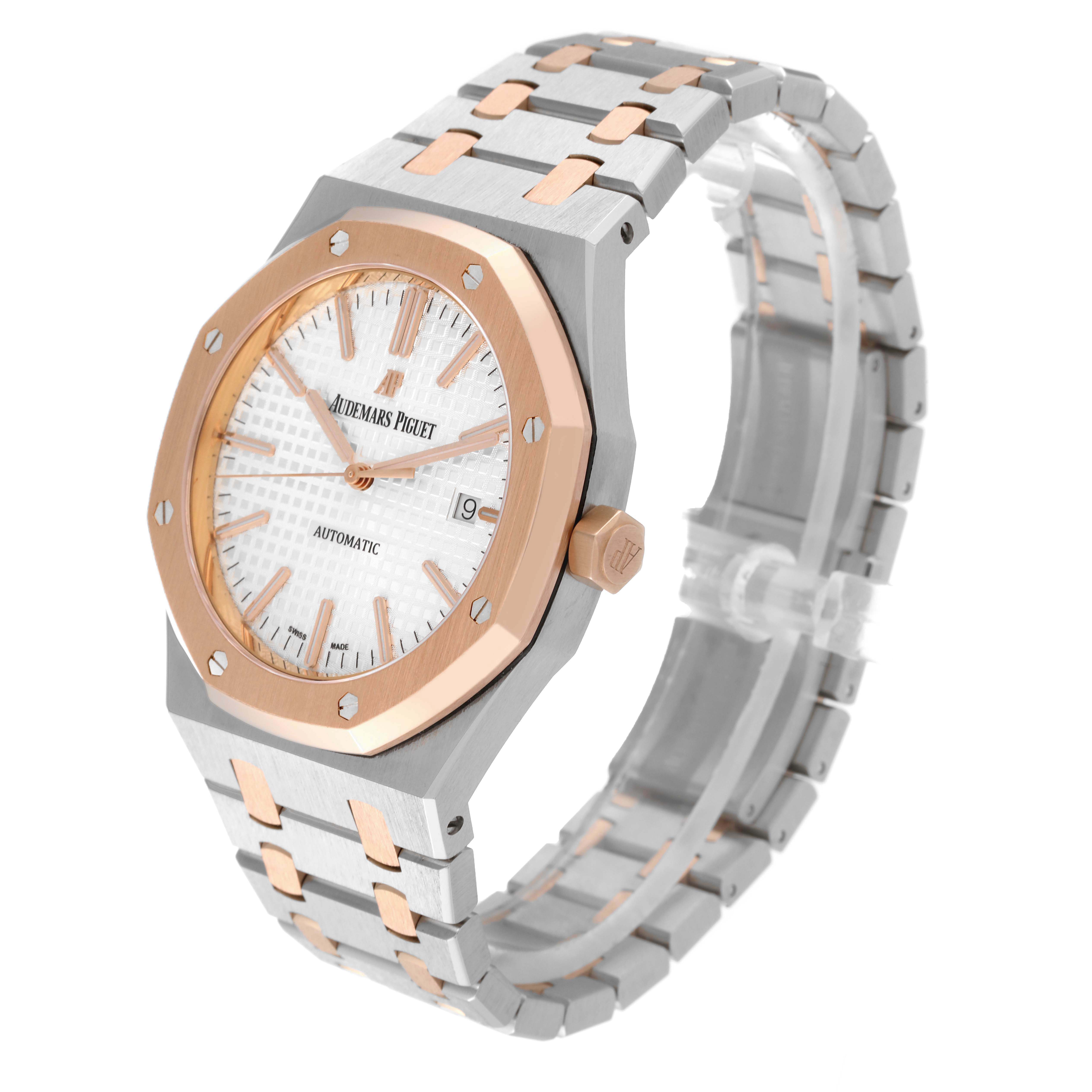 The image shows a side-angle view of an Audemars Piguet Royal Oak 15000TR Men's Steel and Gold (two tone) Silver Dial 15000TR Men's Steel and Gold (two tone) Silver Dial watch, highlighting its face, bezel, and bracelet.