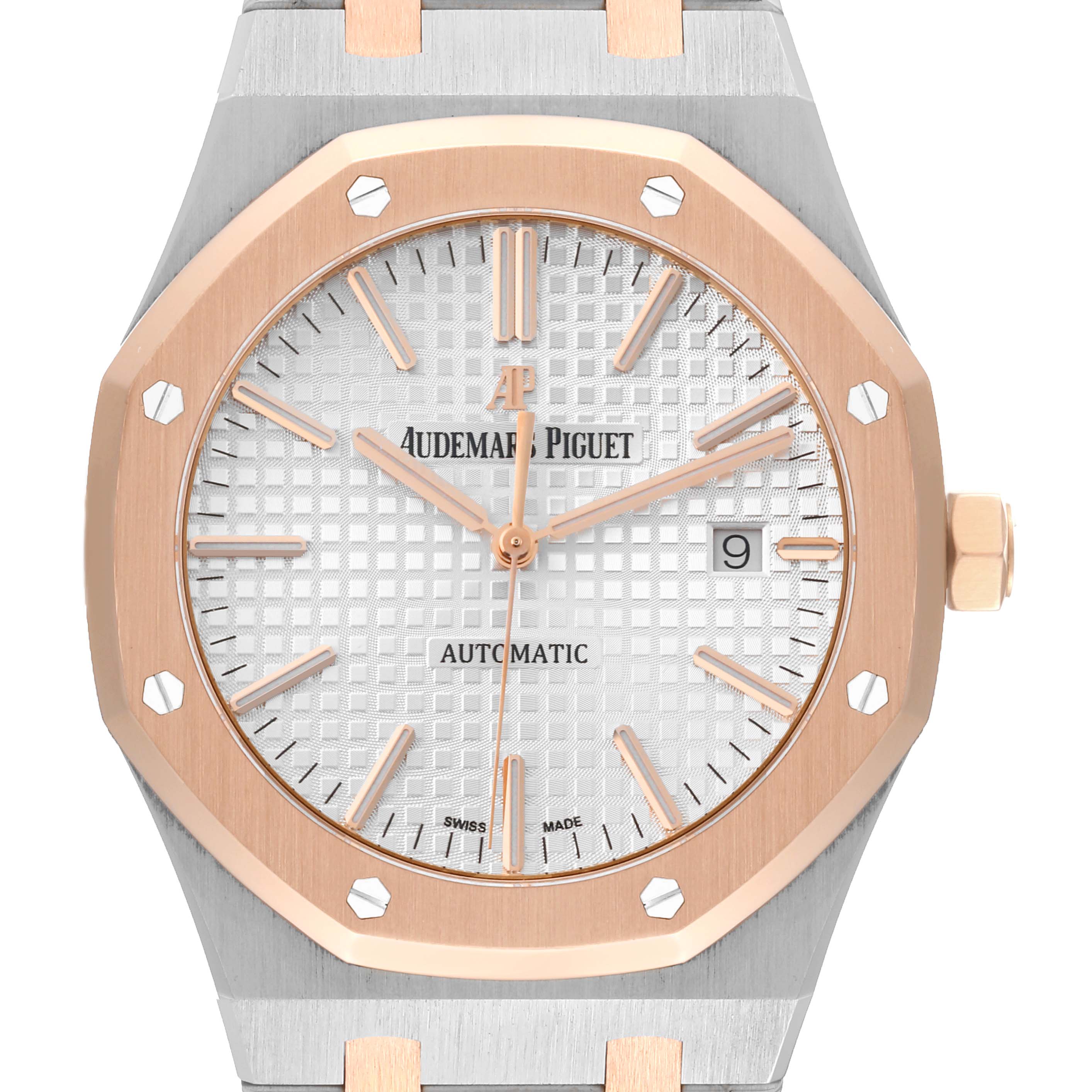 The image shows a close-up of the face and bezel of an Audemars Piguet Royal Oak 15000TR Men's Steel and Gold (two tone) Silver Dial 15000TR Men's Steel and Gold (two tone) Silver Dial watch.