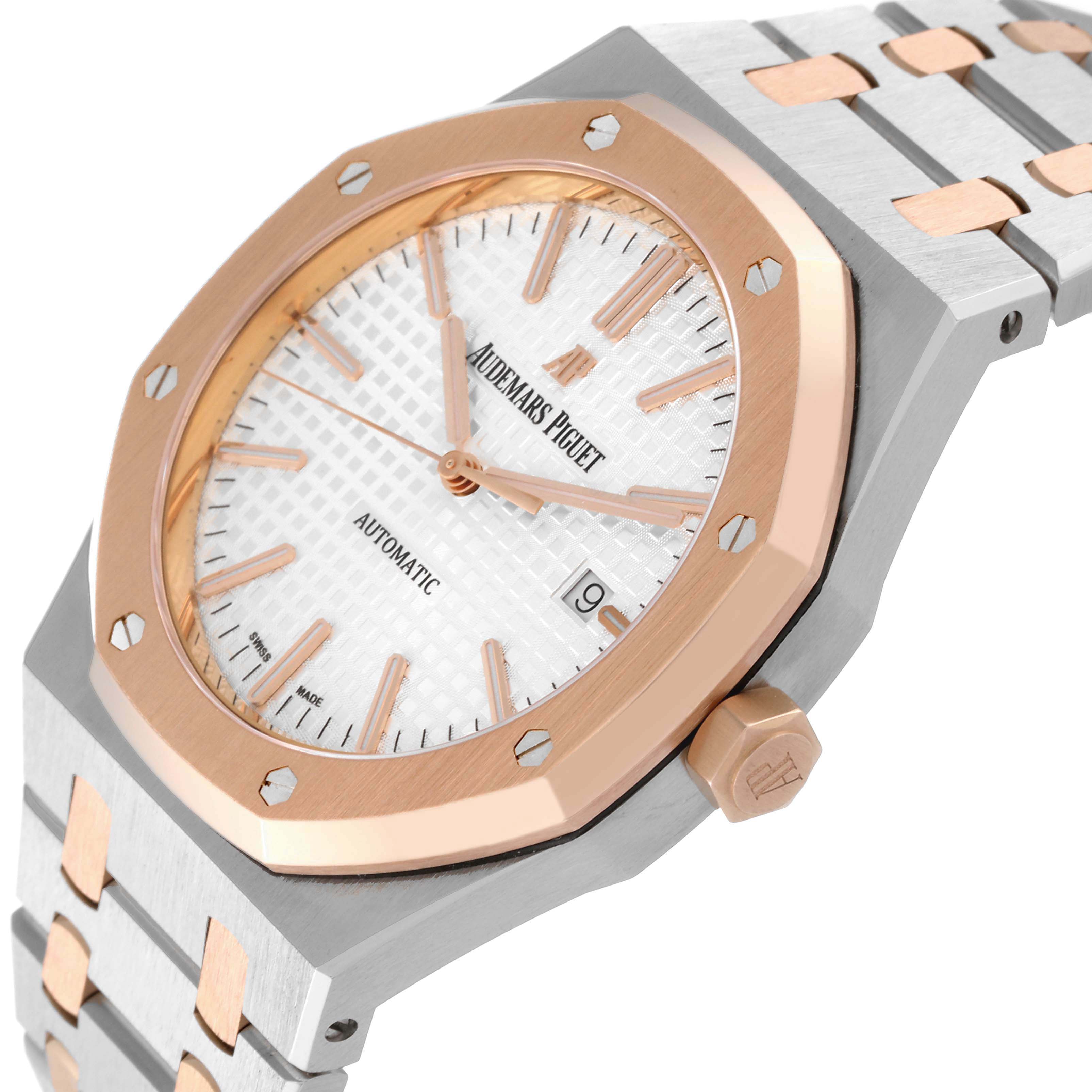 This image shows a close-up, diagonal angle of the Audemars Piguet Royal Oak 15000TR Men's Steel and Gold (two tone) Silver Dial 15000TR Men's Steel and Gold (two tone) Silver Dial watch, highlighting its dial, bezel, and bracelet.