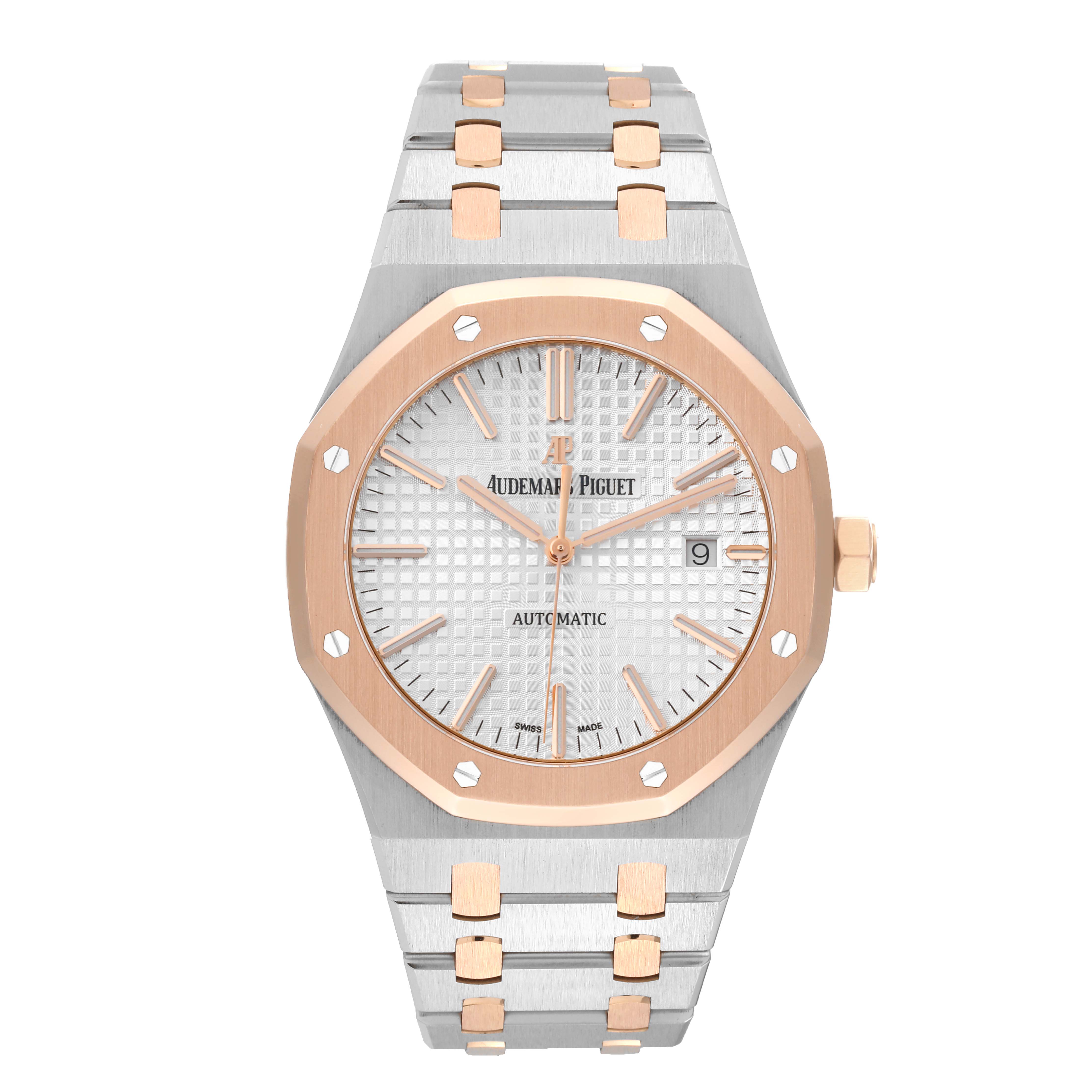This image shows a front view of an Audemars Piguet Royal Oak 15000TR Men's Steel and Gold (two tone) Silver Dial 15000TR Men's Steel and Gold (two tone) Silver Dial watch, highlighting the face, bezel, and bracelet.