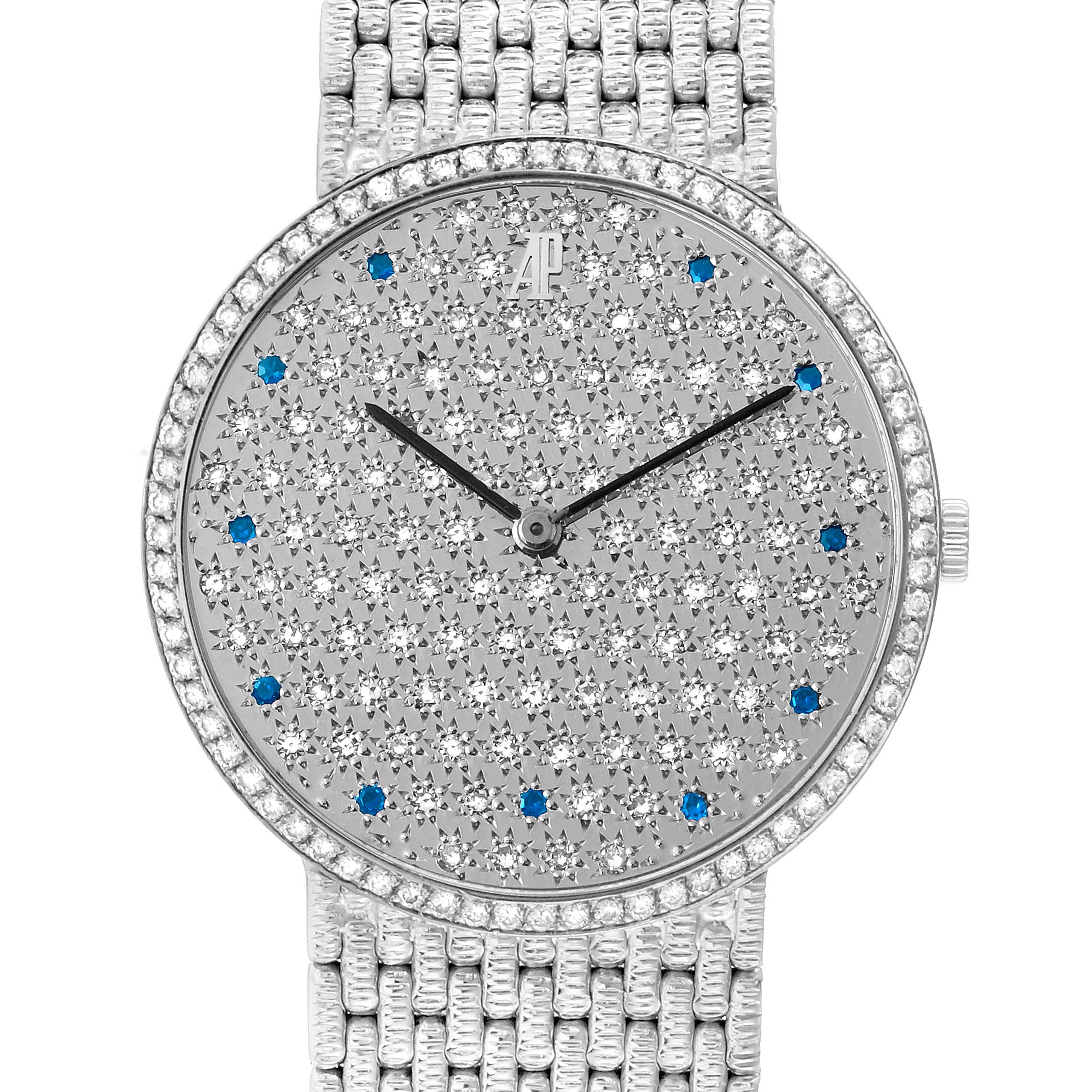 The Audemars Piguet Vintage Round White Gold Diamond Sapphire Ladies Watch, model number unspecified, is shown from a front angle highlighting the dial and strap.