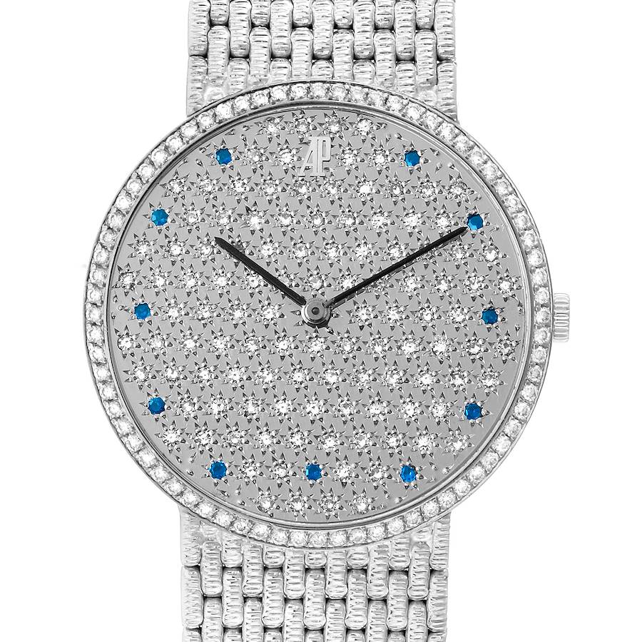 The Audemars Piguet Vintage Round White Gold Diamond Sapphire Ladies Watch, model number unspecified, is shown from a front angle highlighting the dial and strap.