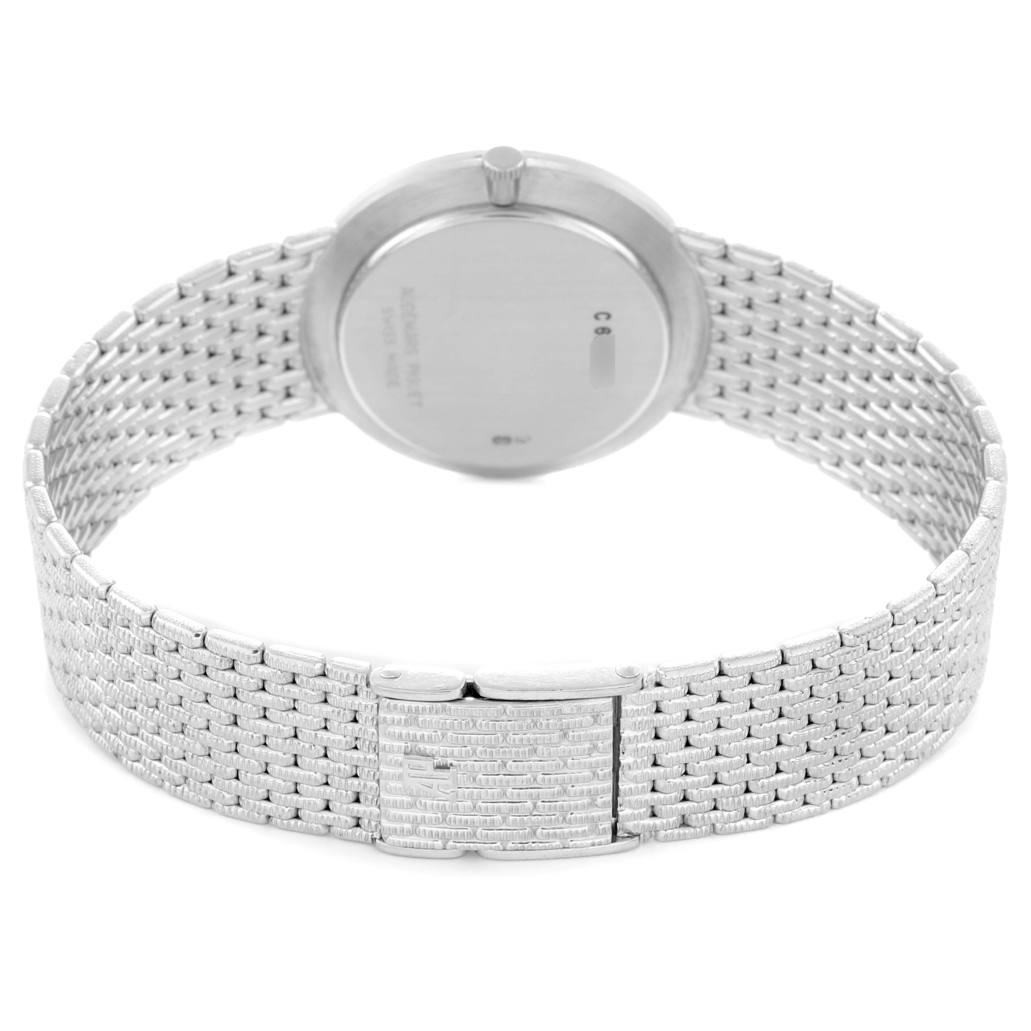 The image shows the back view of the Audemars Piguet Vintage Round White Gold Diamond Sapphire Ladies’ Watch, model number AUDEMARS PIGUET VINTAGE, featuring its clasp and bracelet.