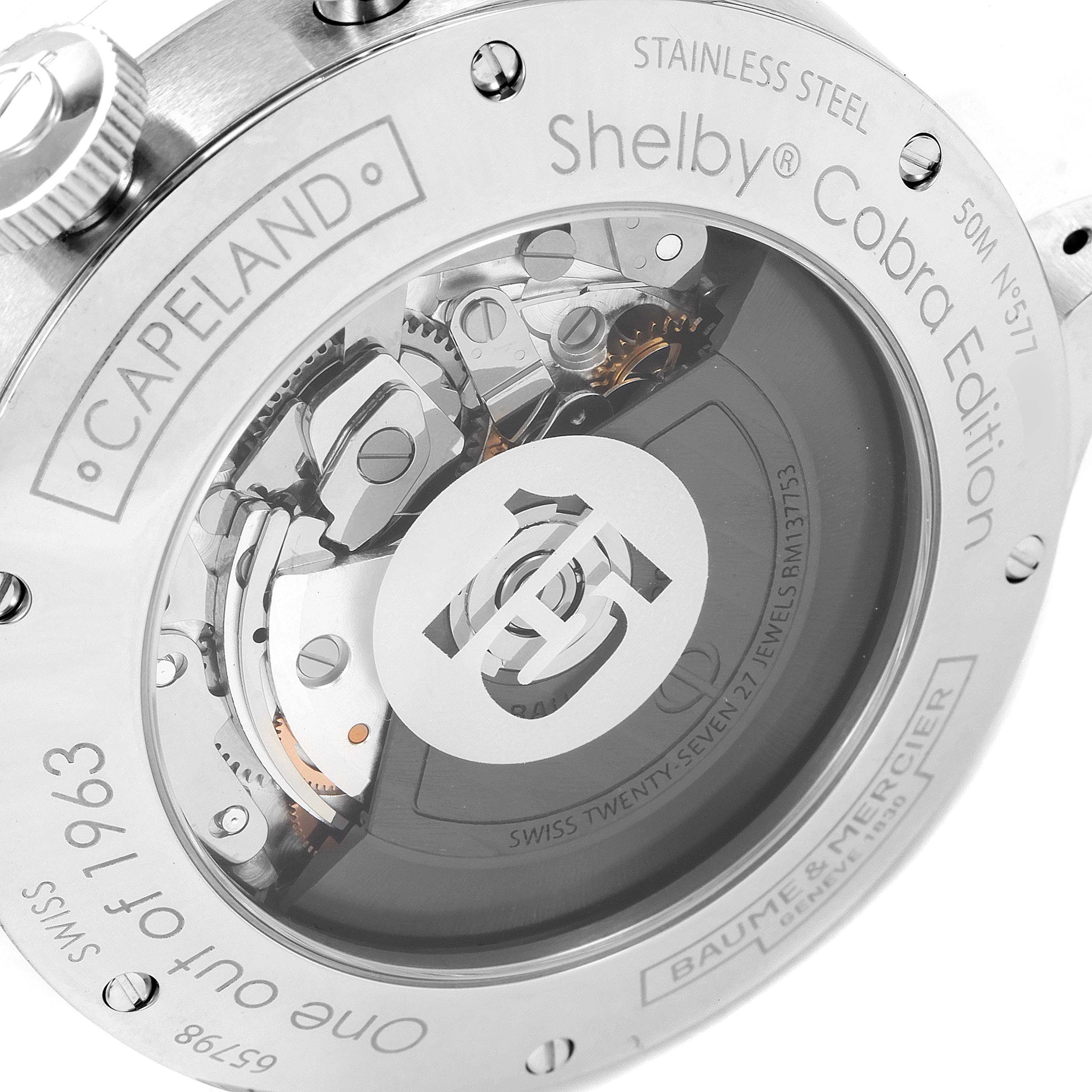 The image shows the back case and visible inner mechanisms of the Capeland model by Baume & Mercier.