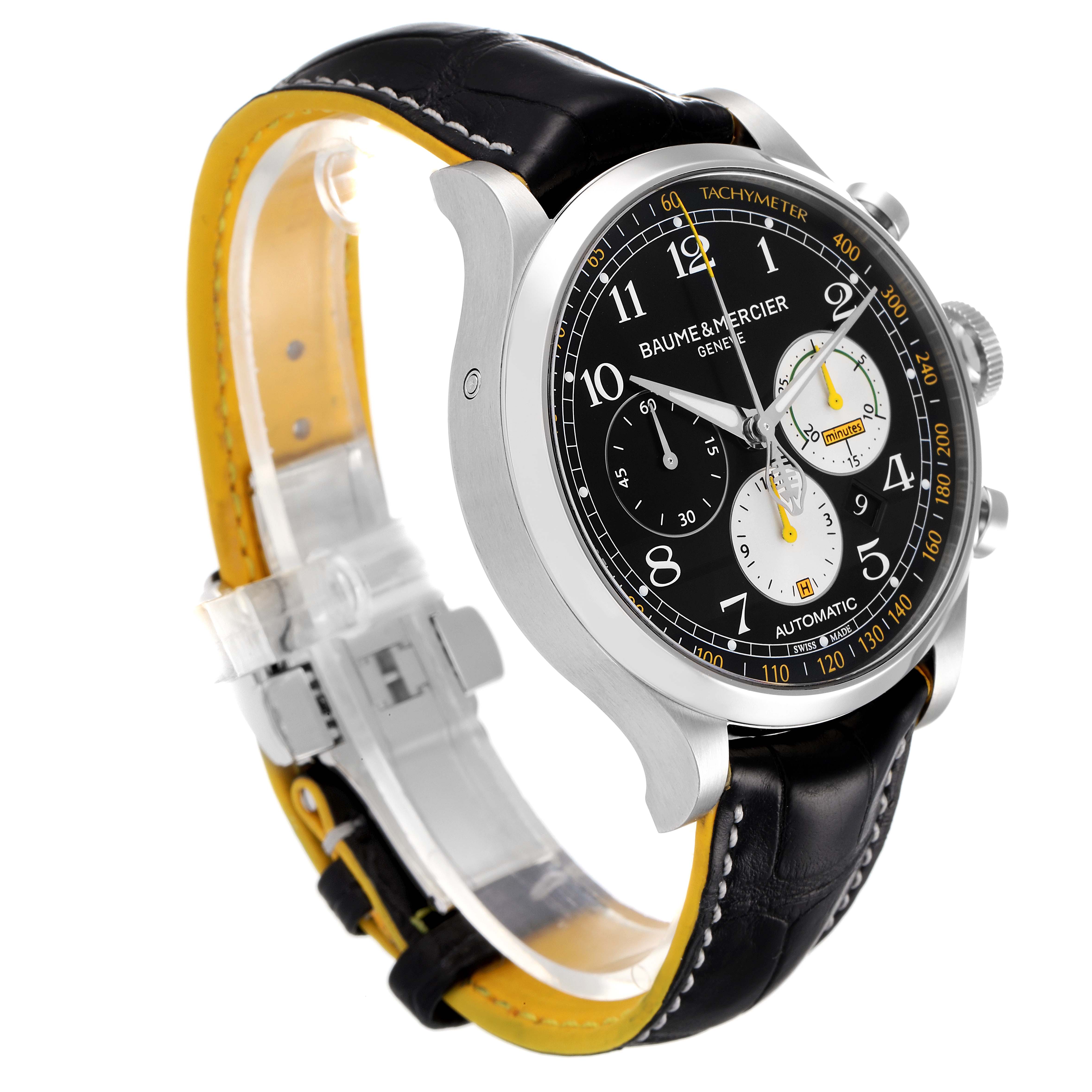 The image shows a Baume & Mercier Capeland 65798 Men's Stainless Steel Black Dial 65798 Men's Stainless Steel Black Dial watch from a three-quarter angle, highlighting its dial, case, and leather strap.