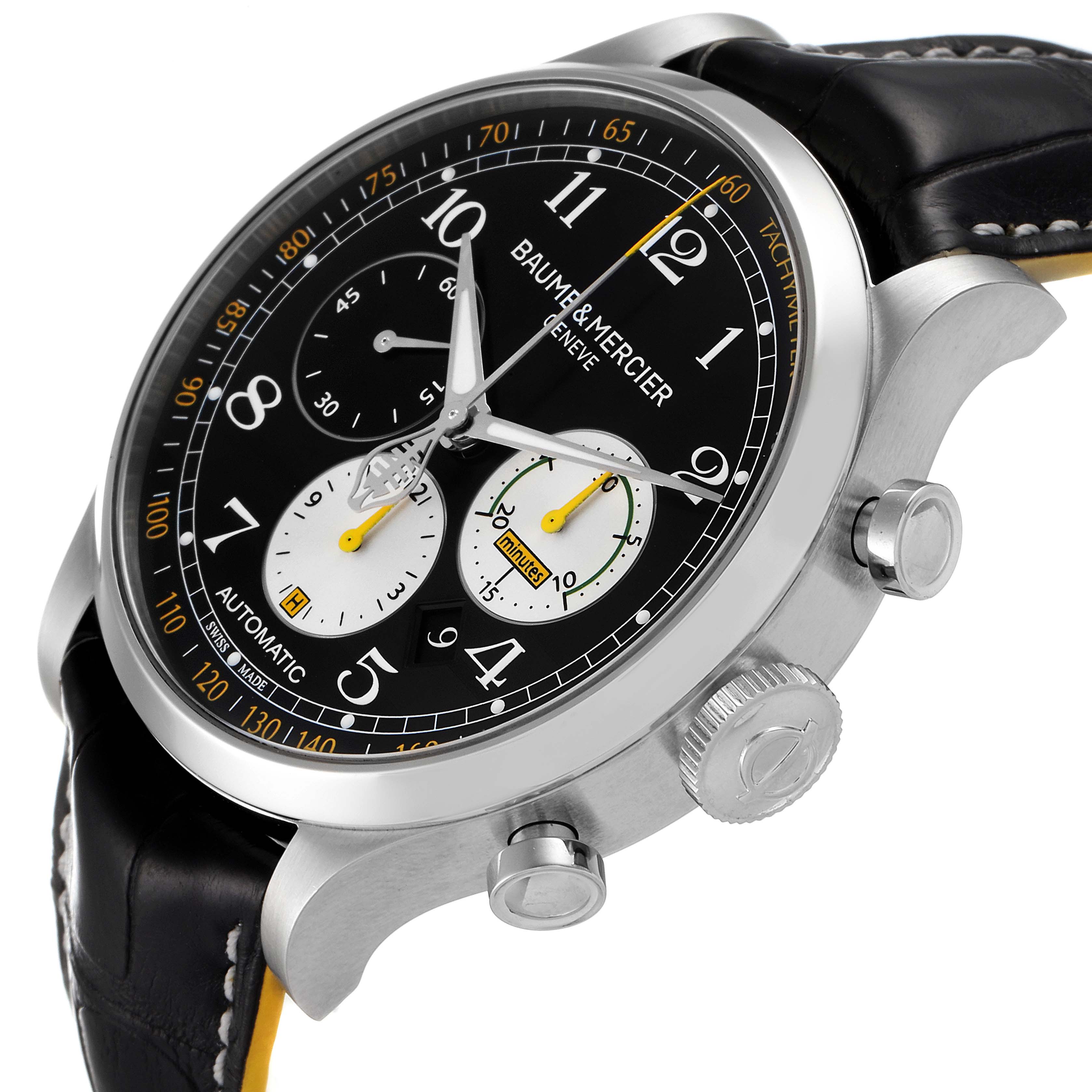 The image shows a side-angle view of a Baume & Mercier Capeland 65798 Men's Stainless Steel Black Dial 65798 Men's Stainless Steel Black Dial watch, featuring the dial, chronograph sub-dials, crown, and pushers.