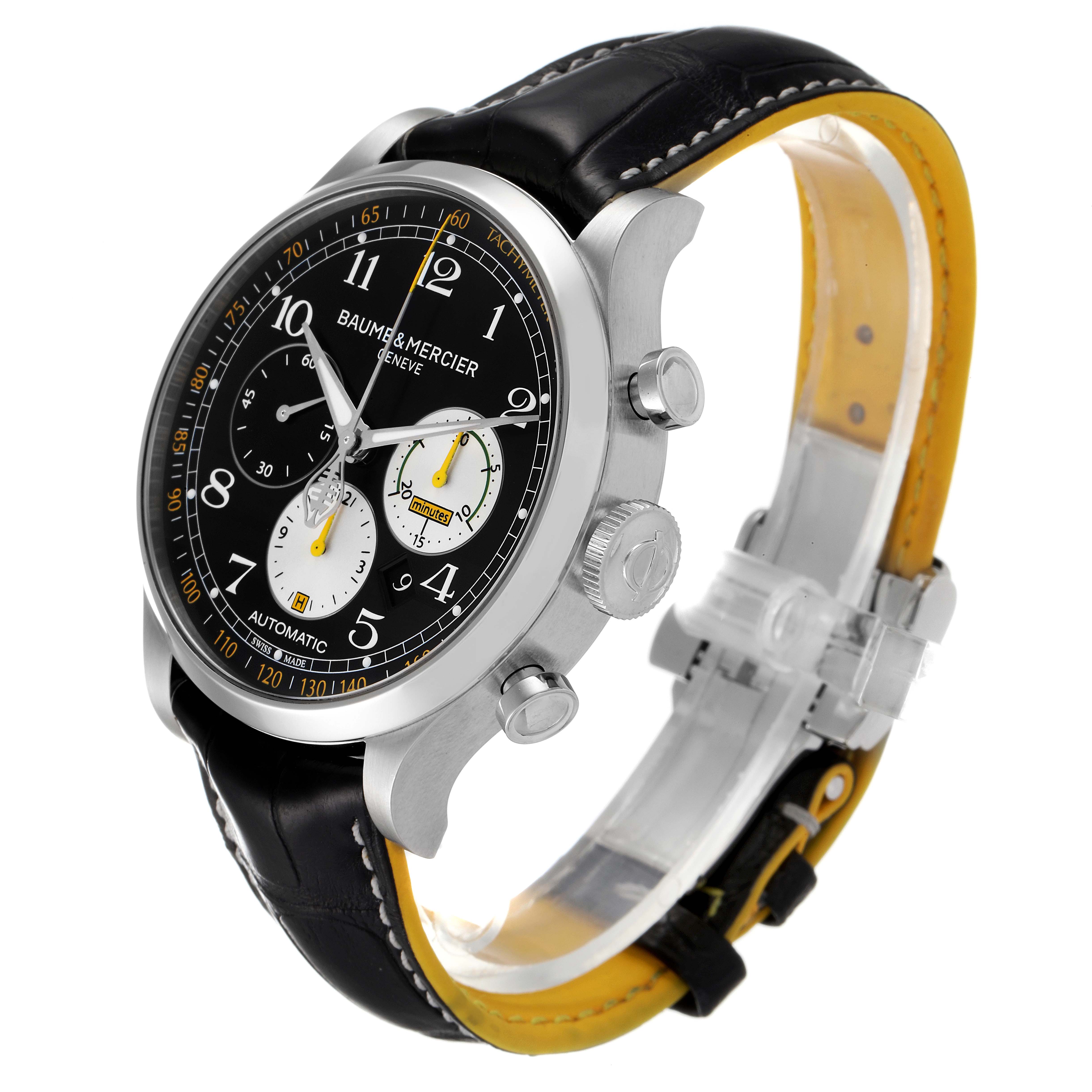 The image shows a Baume & Mercier Capeland 65798 Men's Stainless Steel Black Dial 65798 Men's Stainless Steel Black Dial watch at an angled side view, highlighting its face, casing, crown, and leather strap.