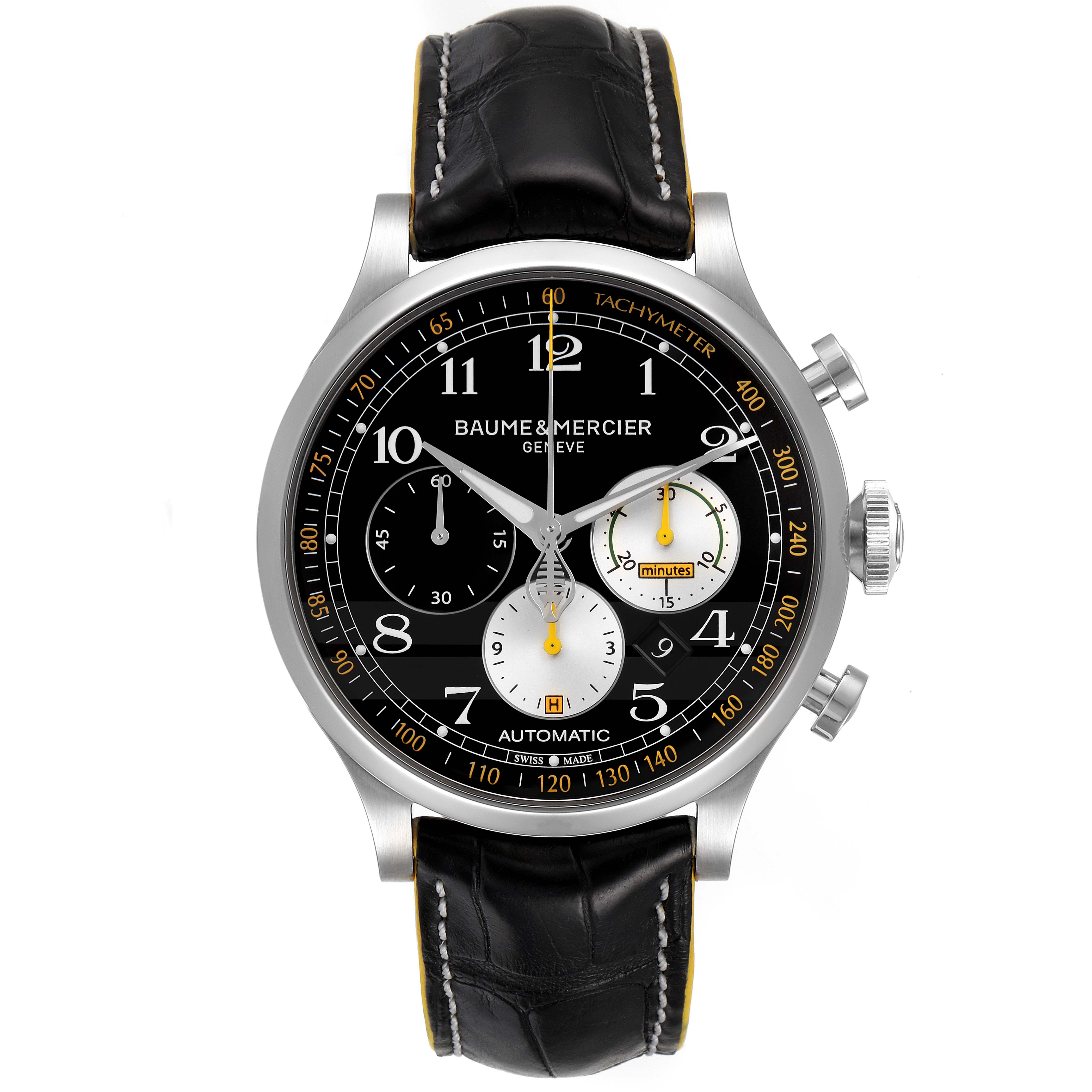 This image shows a front view of the Baume & Mercier Capeland 65798 Men's Stainless Steel Black Dial 65798 Men's Stainless Steel Black Dial watch displaying the dial, subdials, and chronograph pushers.