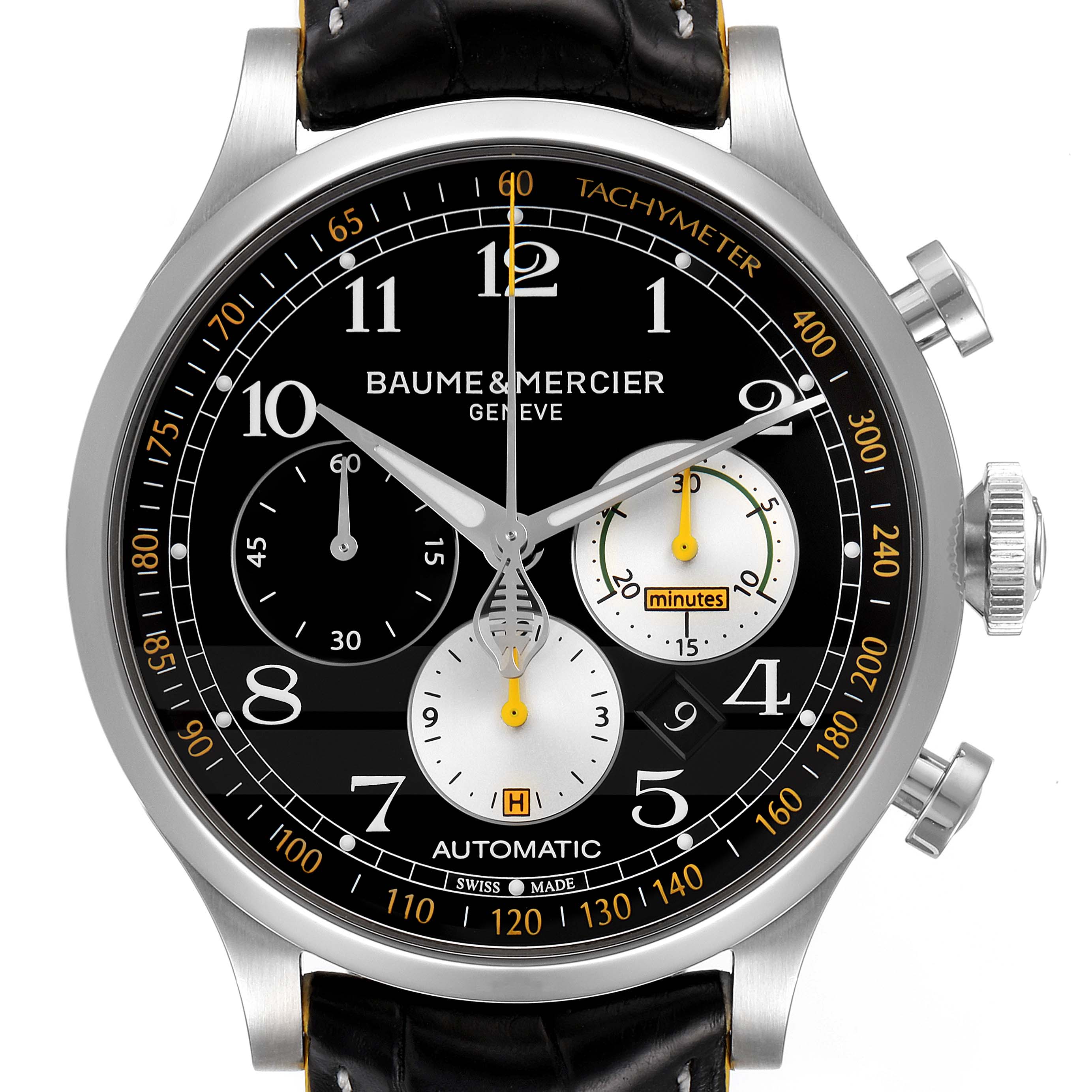 The Baume & Mercier Capeland 65798 Men's Stainless Steel Black Dial 65798 Men's Stainless Steel Black Dial watch is shown from a front angle, displaying its dial, tachymeter, and sub-dials details.