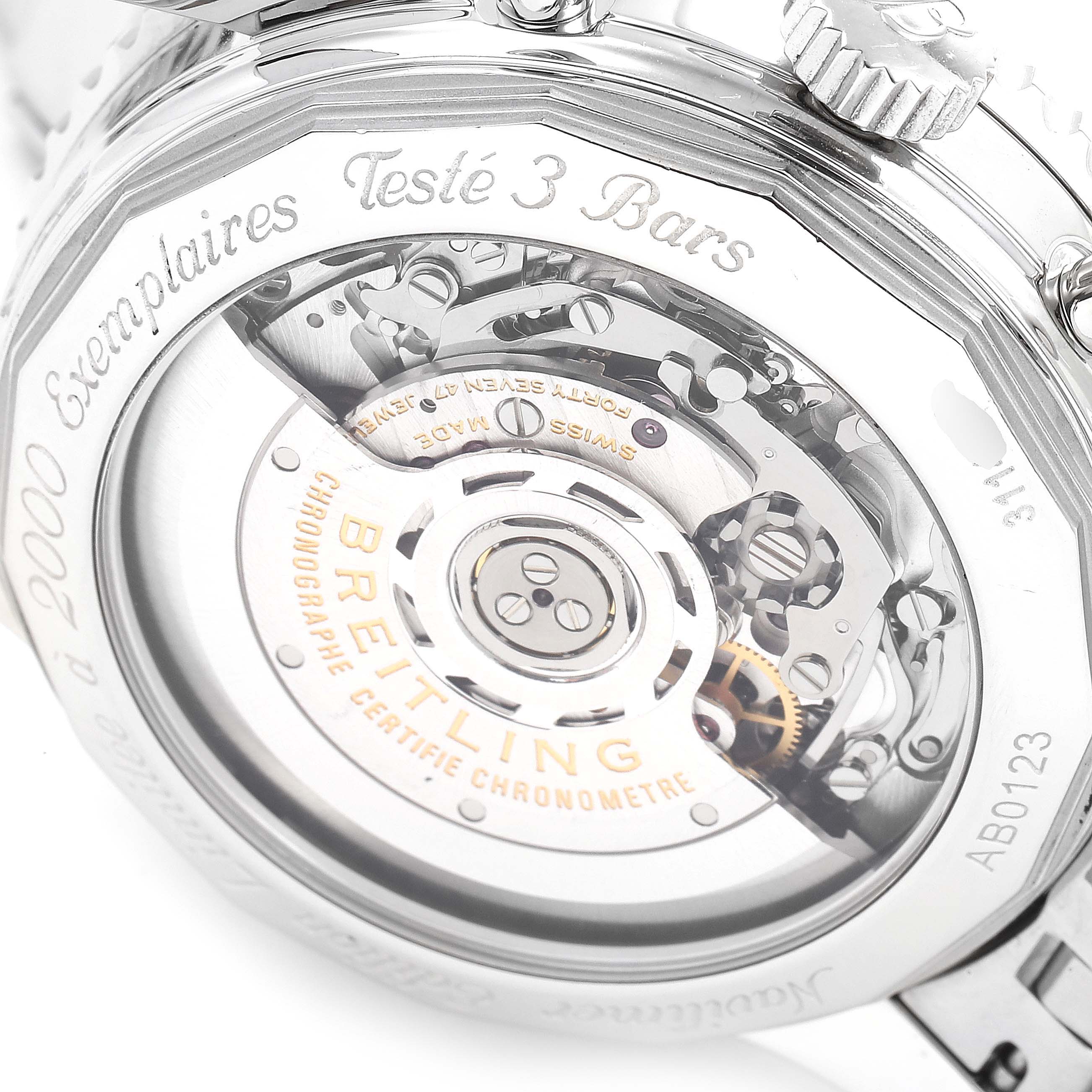 This image shows the back view of a Breitling Navitimer AB0123 Men's Stainless Steel Silver Dial AB0123 Men's Stainless Steel Silver Dial watch, highlighting its exposed movement mechanism.