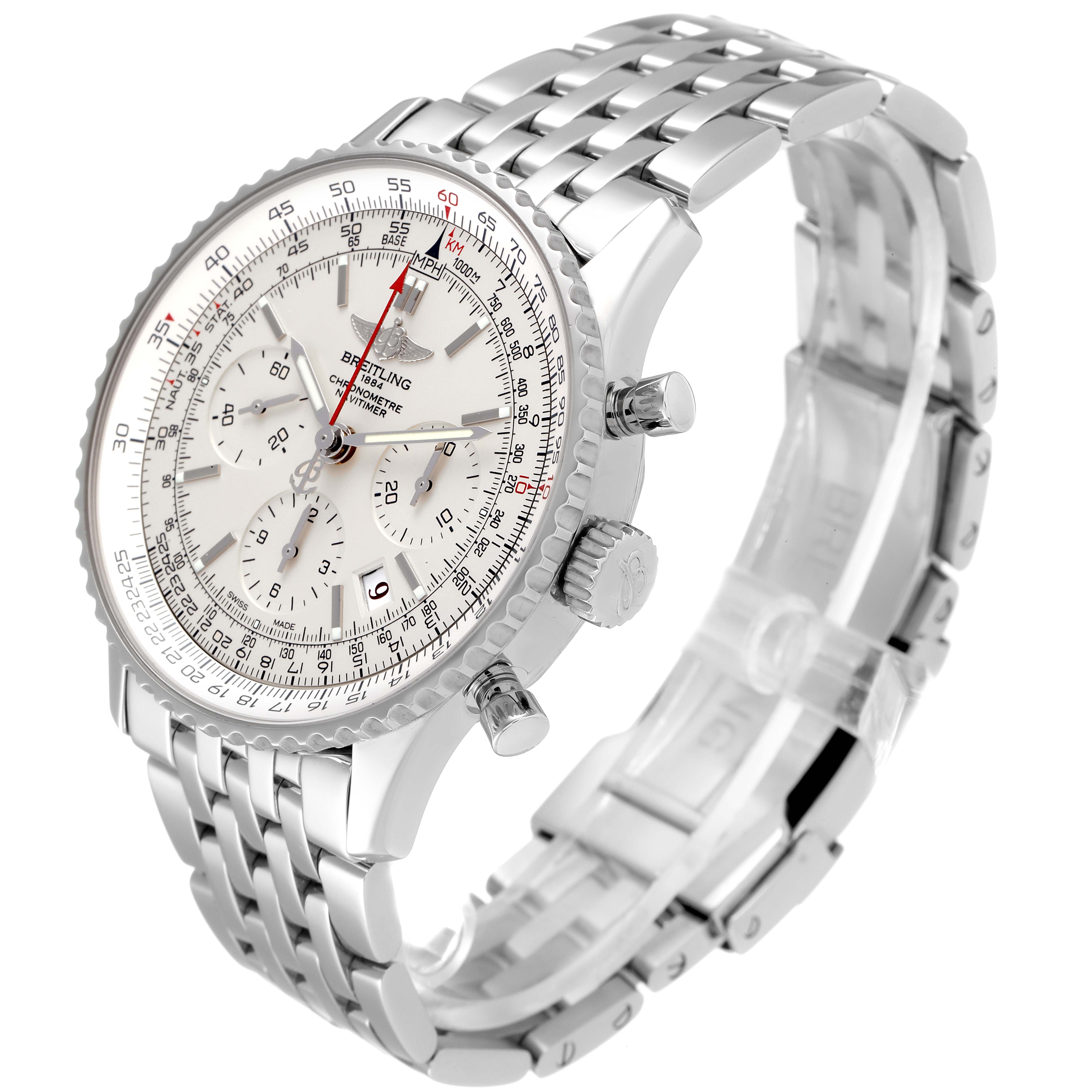 This image shows the Breitling Navitimer AB0123 Men's Stainless Steel Silver Dial AB0123 Men's Stainless Steel Silver Dial watch at a three-quarter angle, highlighting the bezel, dial, subdials, crown, pushers, and bracelet.