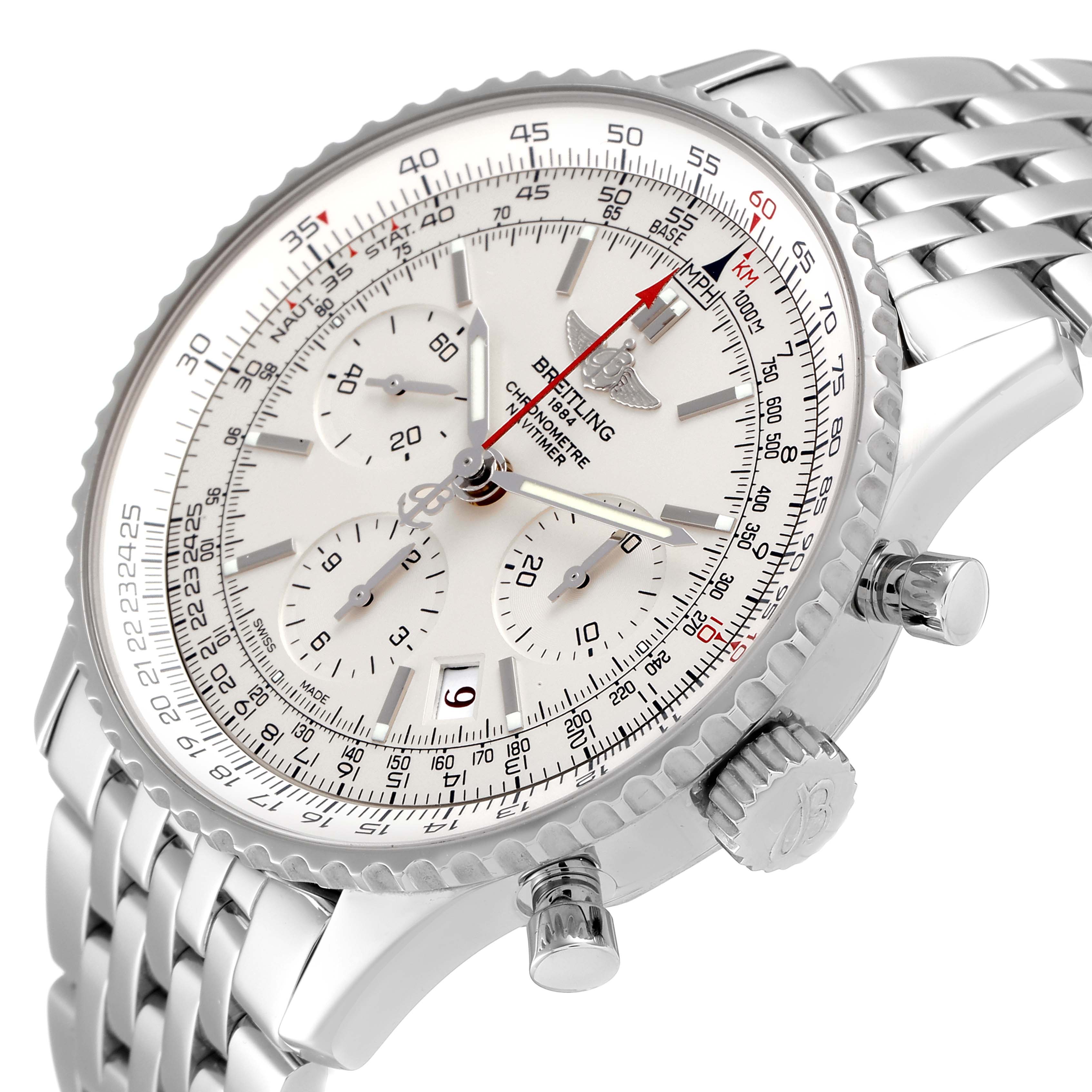 The image shows a diagonal angle of a Breitling Navitimer AB0123 Men's Stainless Steel Silver Dial AB0123 Men's Stainless Steel Silver Dial watch, highlighting the face, bezel, chronograph subdials, and stainless steel bracelet.