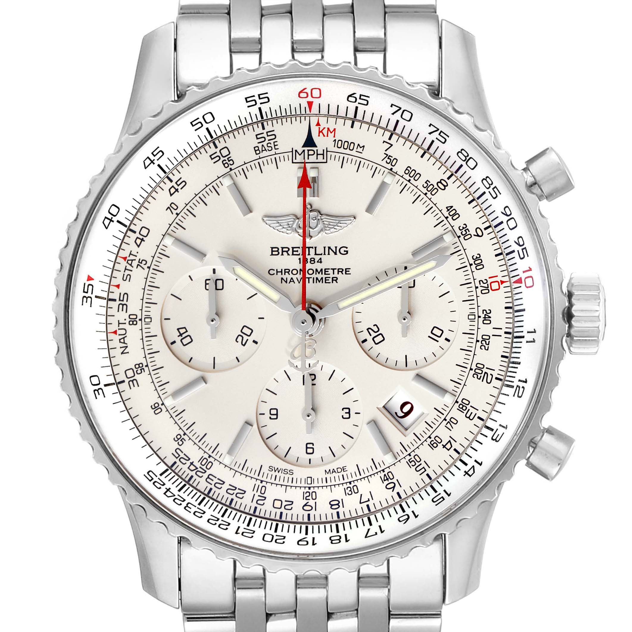 The image shows the front face of a Breitling Navitimer AB0123 Men's Stainless Steel Silver Dial AB0123 Men's Stainless Steel Silver Dial watch, displaying its dial, chronograph sub-dials, bezel, and bracelet.