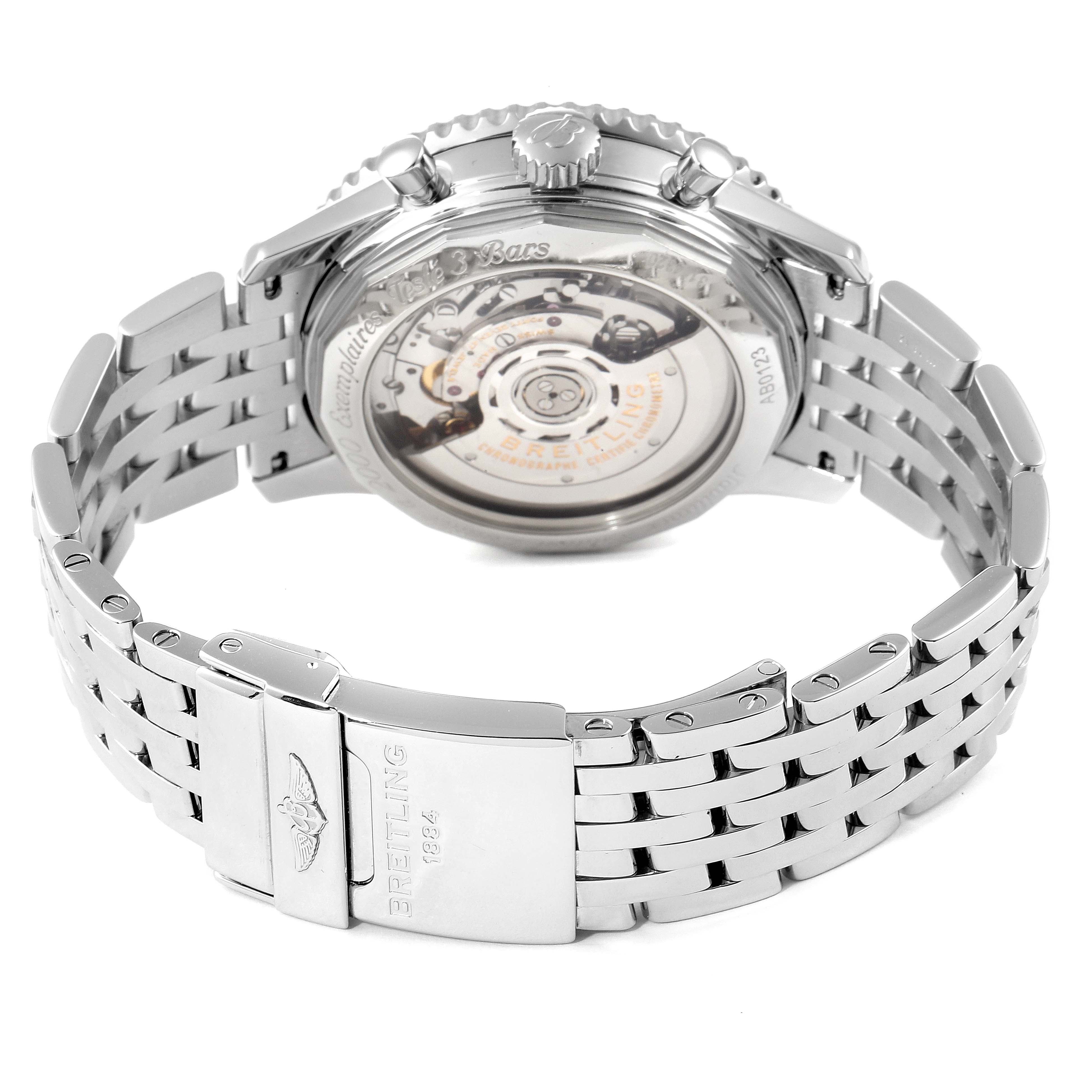 This image shows the backside and bracelet of a Breitling Navitimer AB0123 Men's Stainless Steel Silver Dial AB0123 Men's Stainless Steel Silver Dial watch, highlighting its transparent case back.