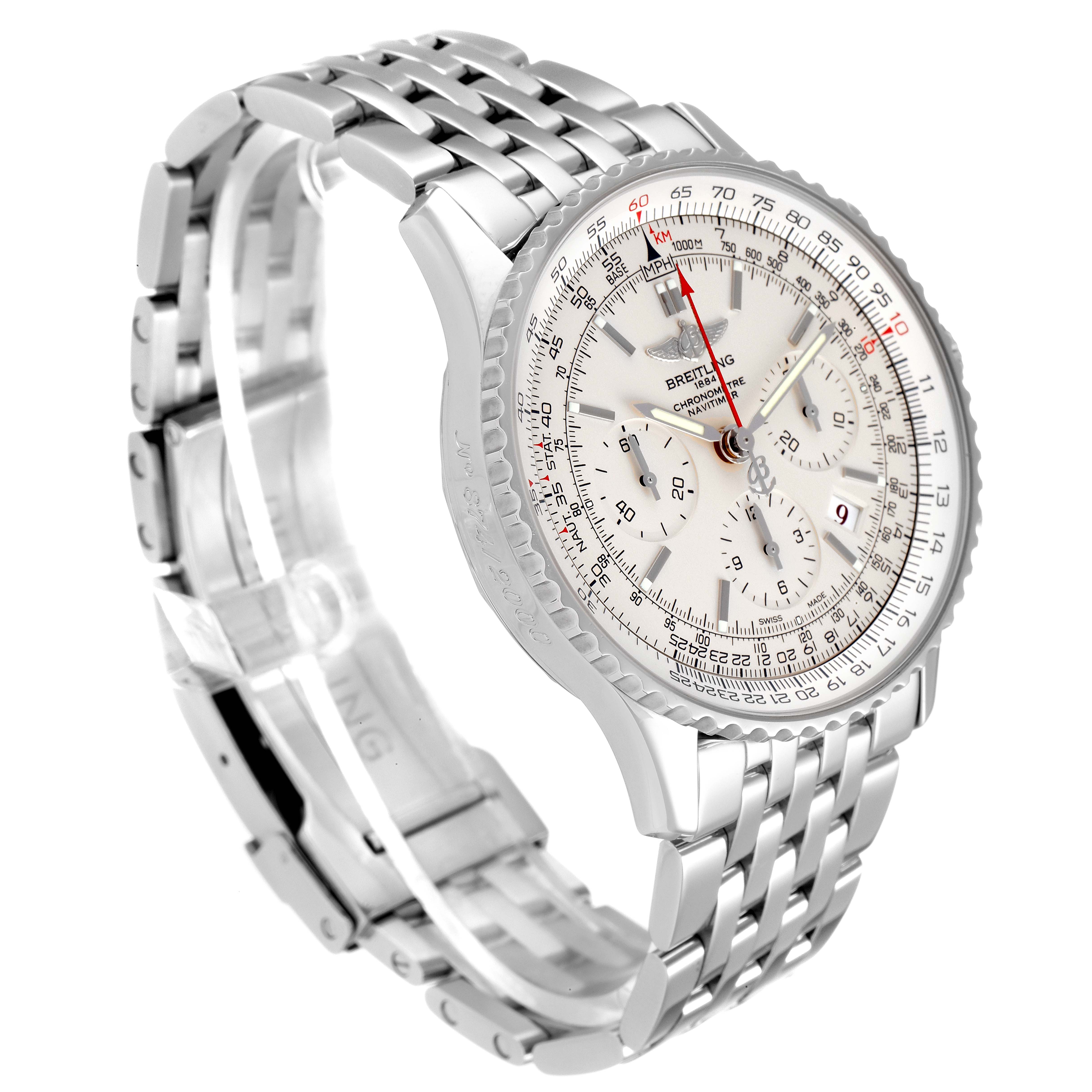 The image shows a Breitling Navitimer AB0123 Men's Stainless Steel Silver Dial AB0123 Men's Stainless Steel Silver Dial watch at a three-quarter angle, highlighting its face, bezel, links, and partially open clasp.