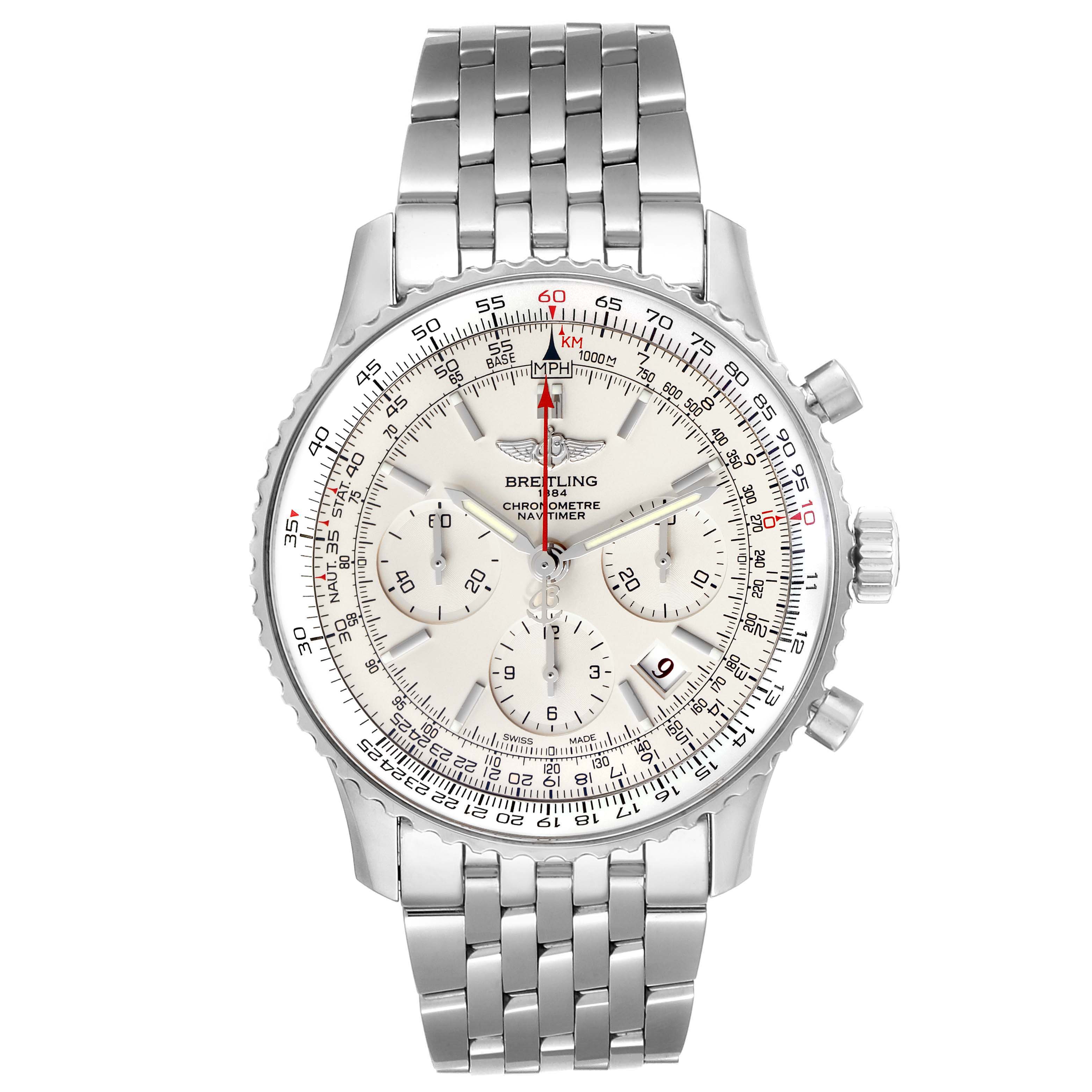 This image shows a front view of the Breitling Navitimer AB0123 Men's Stainless Steel Silver Dial AB0123 Men's Stainless Steel Silver Dial watch, highlighting its dial, bezel, sub-dials, and bracelet.
