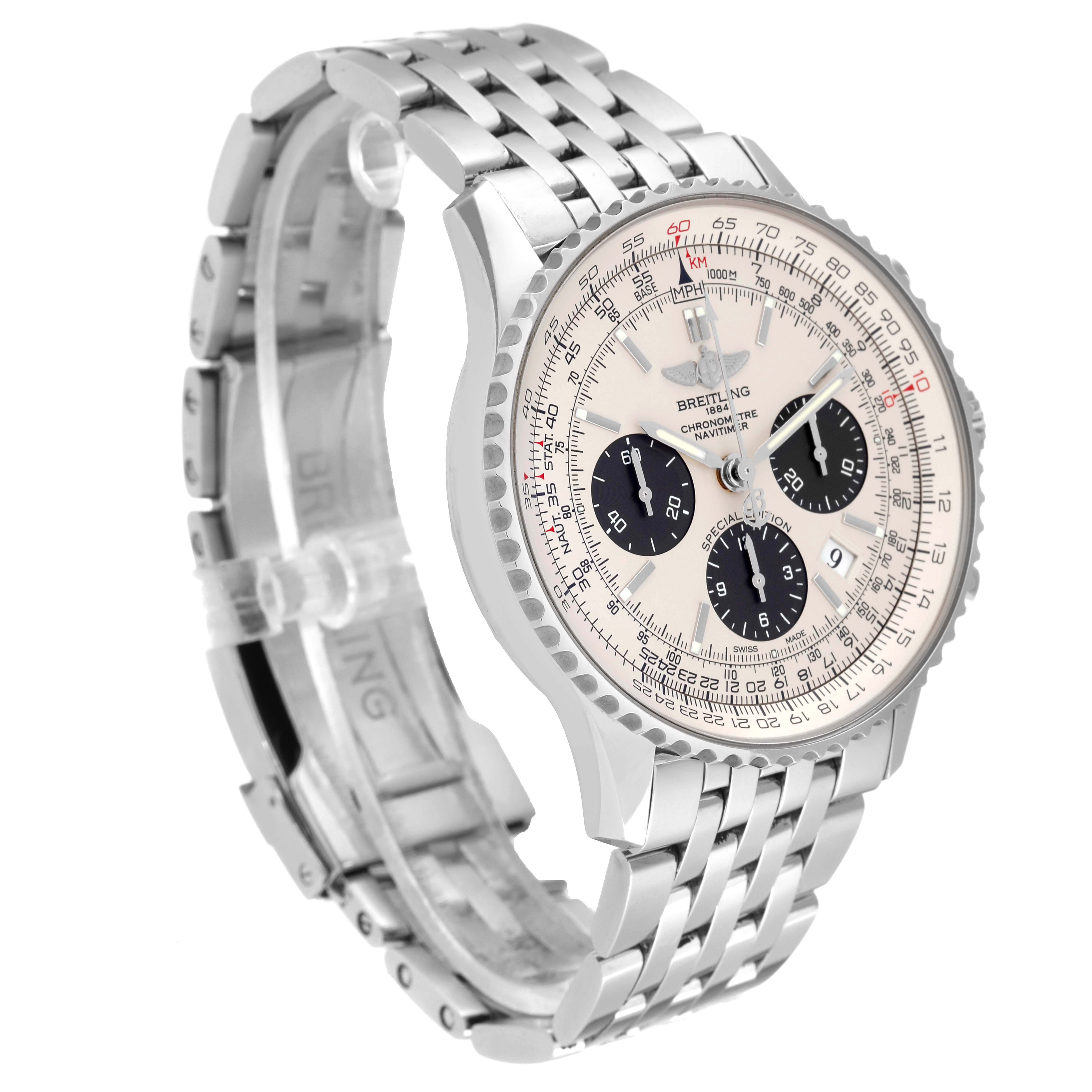 This image shows a Breitling Navitimer AB0120 Men
s Stainless Steel Silver Dial AB0120 Men
s Stainless Steel Silver Dial watch at a three-quarter angle, highlighting the face, bezel, and stainless steel bracelet.