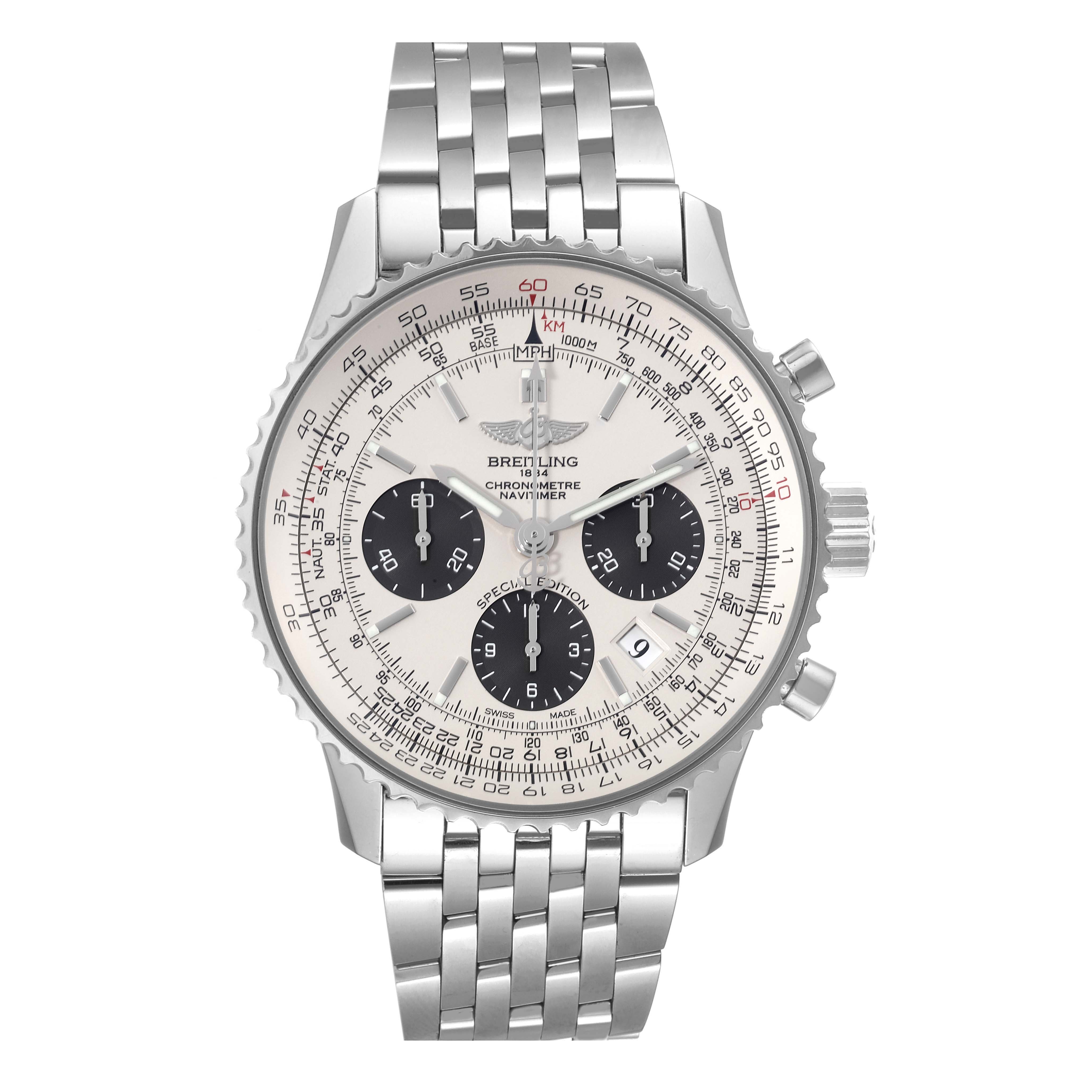 The Breitling Navitimer AB0120 Men
s Stainless Steel Silver Dial AB0120 Men
s Stainless Steel Silver Dial watch is shown from a front view, displaying its dial, bezel, and metal bracelet.
