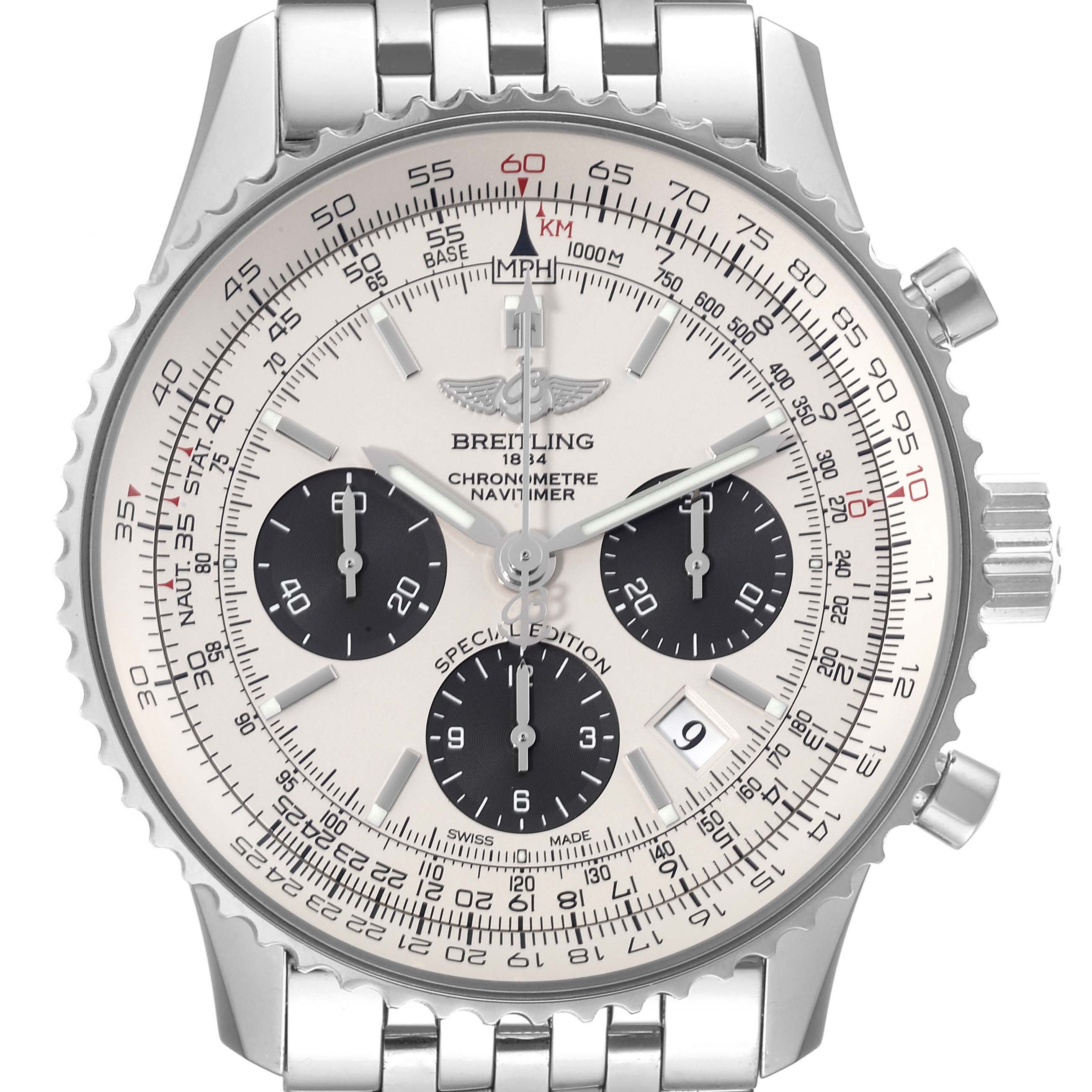 The image displays a front view of the Breitling Navitimer AB0120 Men
s Stainless Steel Silver Dial AB0120 Men
s Stainless Steel Silver Dial watch showcasing its dial, bezel, chronograph subdials, and bracelet.