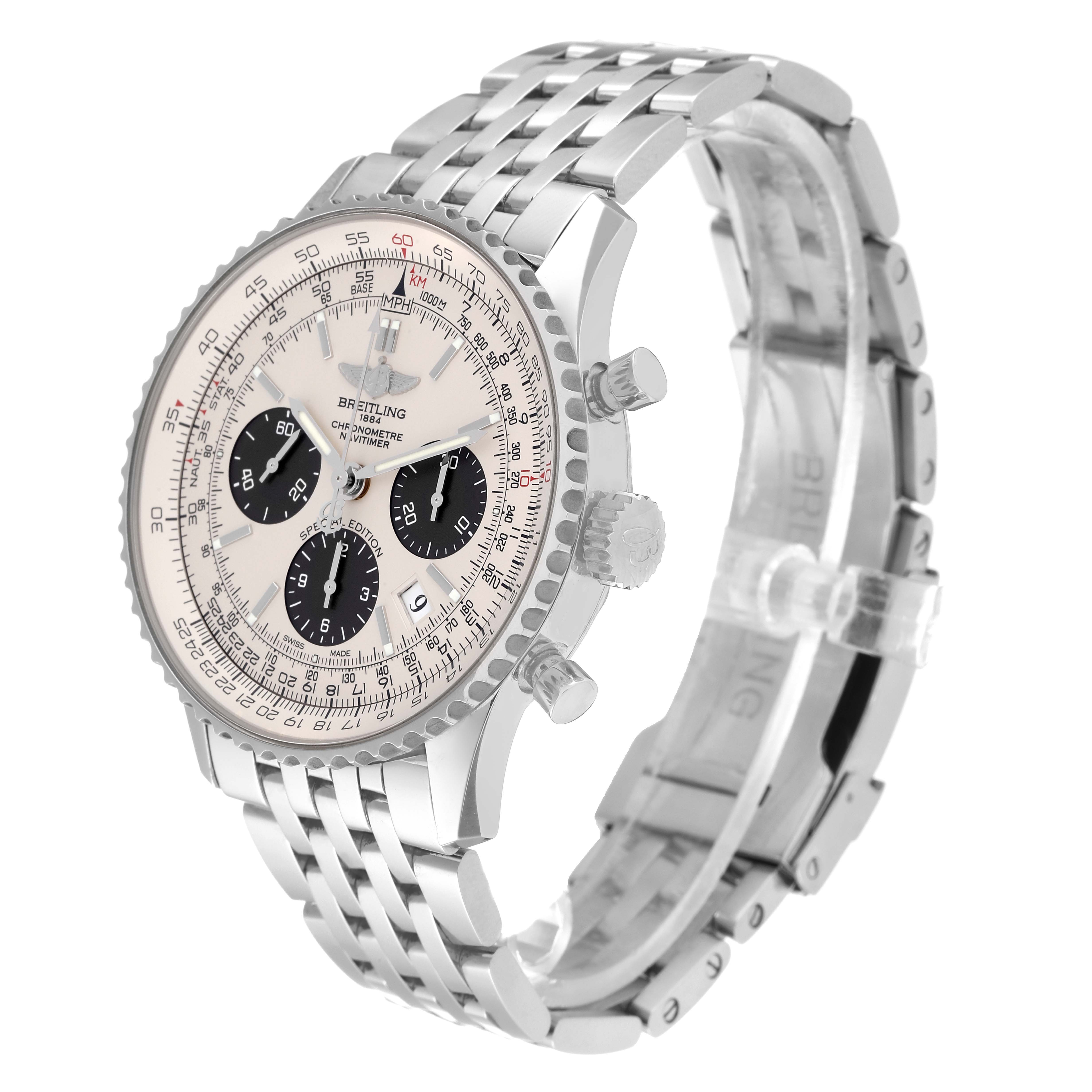The image shows a side angle of the Breitling Navitimer AB0120 Men
s Stainless Steel Silver Dial AB0120 Men
s Stainless Steel Silver Dial watch, highlighting the dial, bezel, crown, pushers, and stainless steel bracelet.