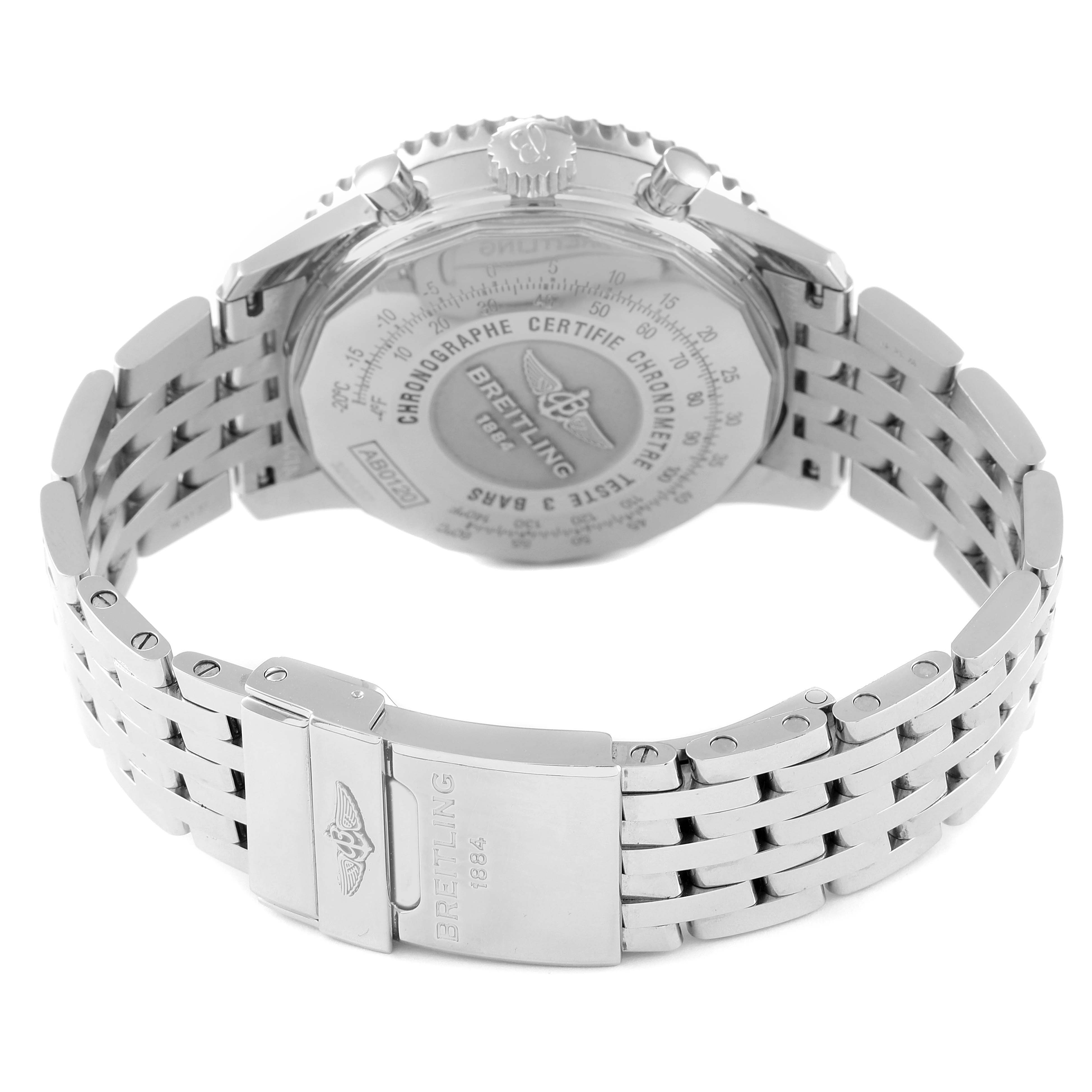 This image shows the back and clasp of a Breitling Navitimer AB0120 Men
s Stainless Steel Silver Dial AB0120 Men
s Stainless Steel Silver Dial watch at an angled view.