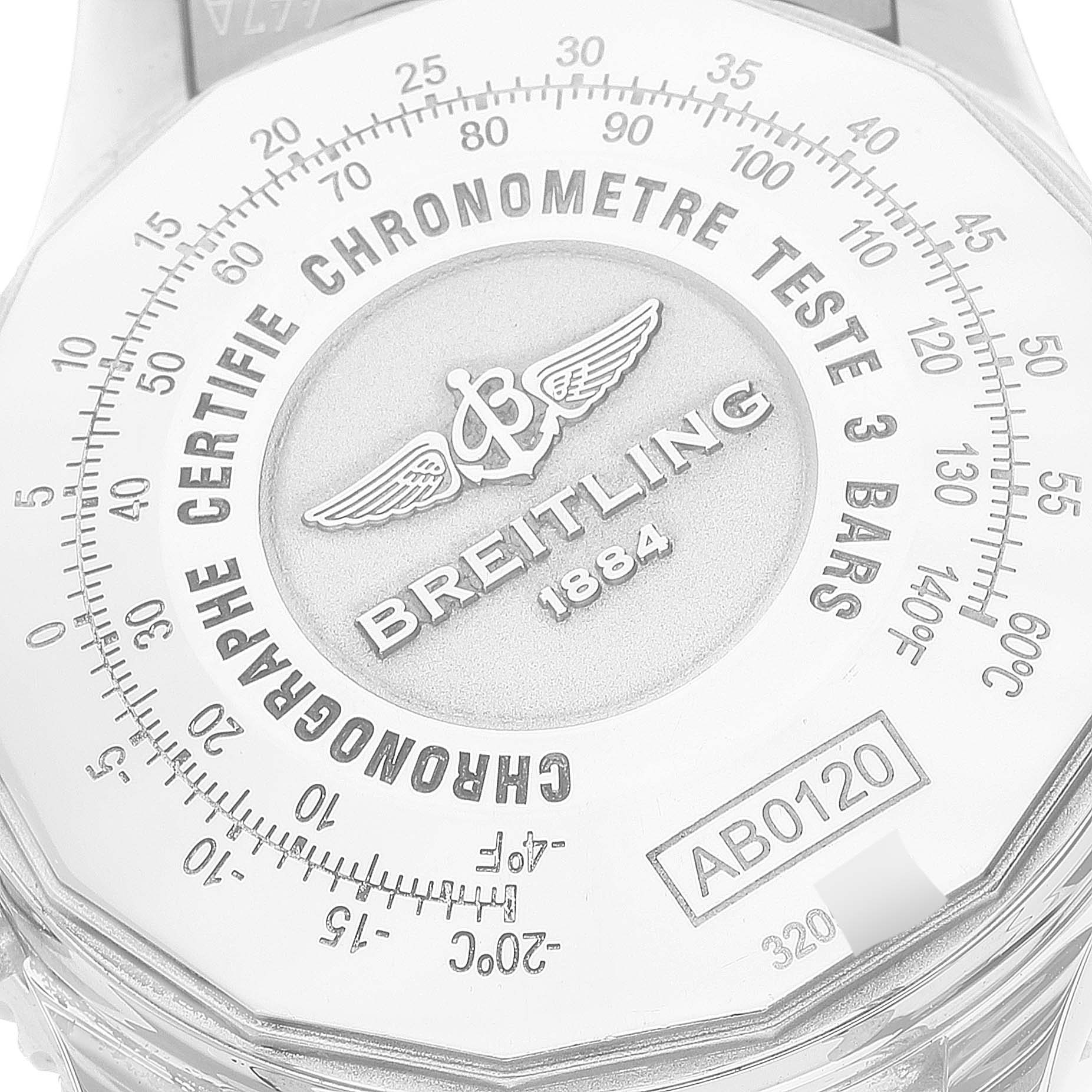 The image shows a close-up of the caseback of a Breitling Navitimer AB0120 Men
s Stainless Steel Silver Dial AB0120 Men
s Stainless Steel Silver Dial watch, featuring its engravings and markings.