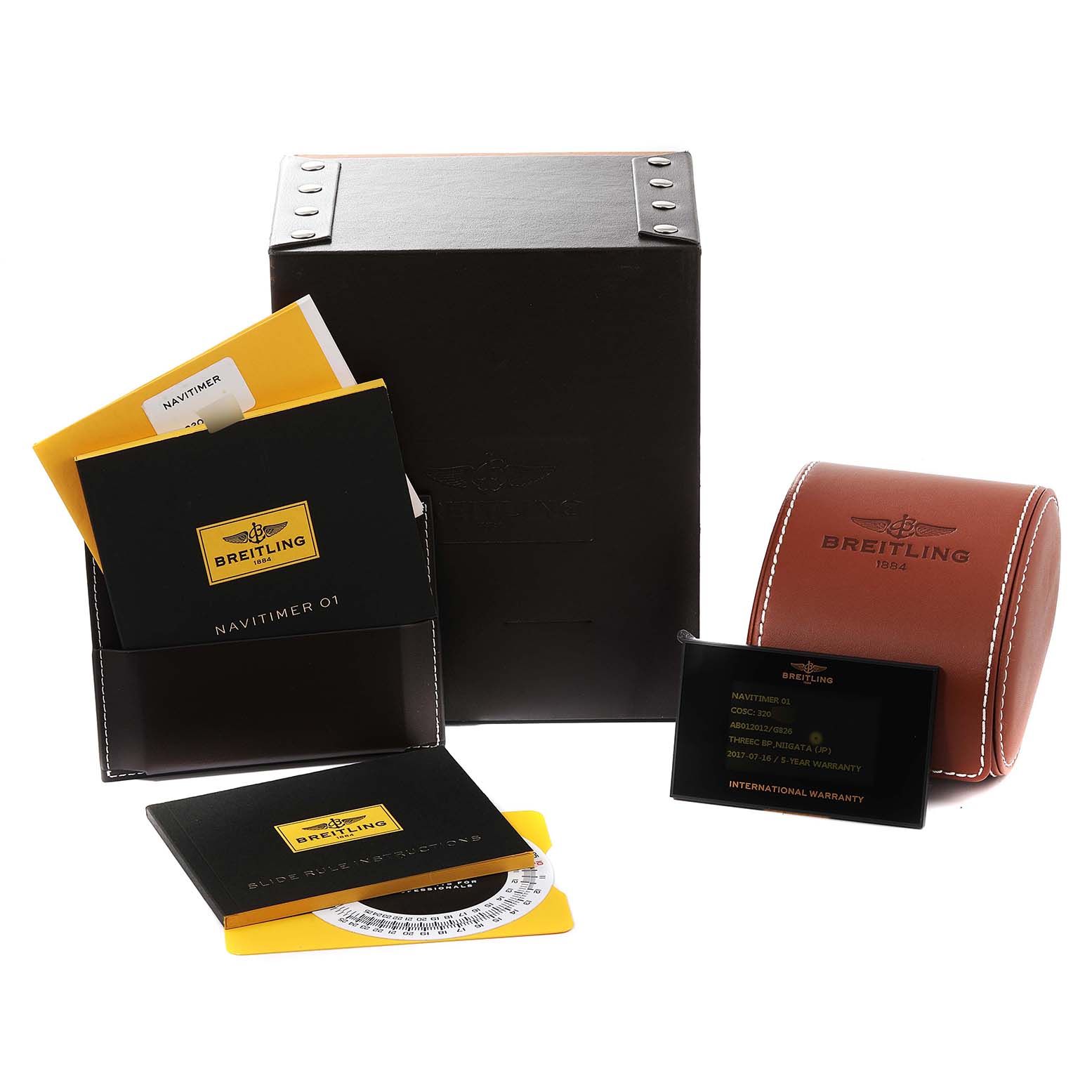 This image of the Breitling Navitimer AB0120 Men
s Stainless Steel Silver Dial AB0120 Men
s Stainless Steel Silver Dial model shows its packaging, manuals, warranty card, and a travel case.