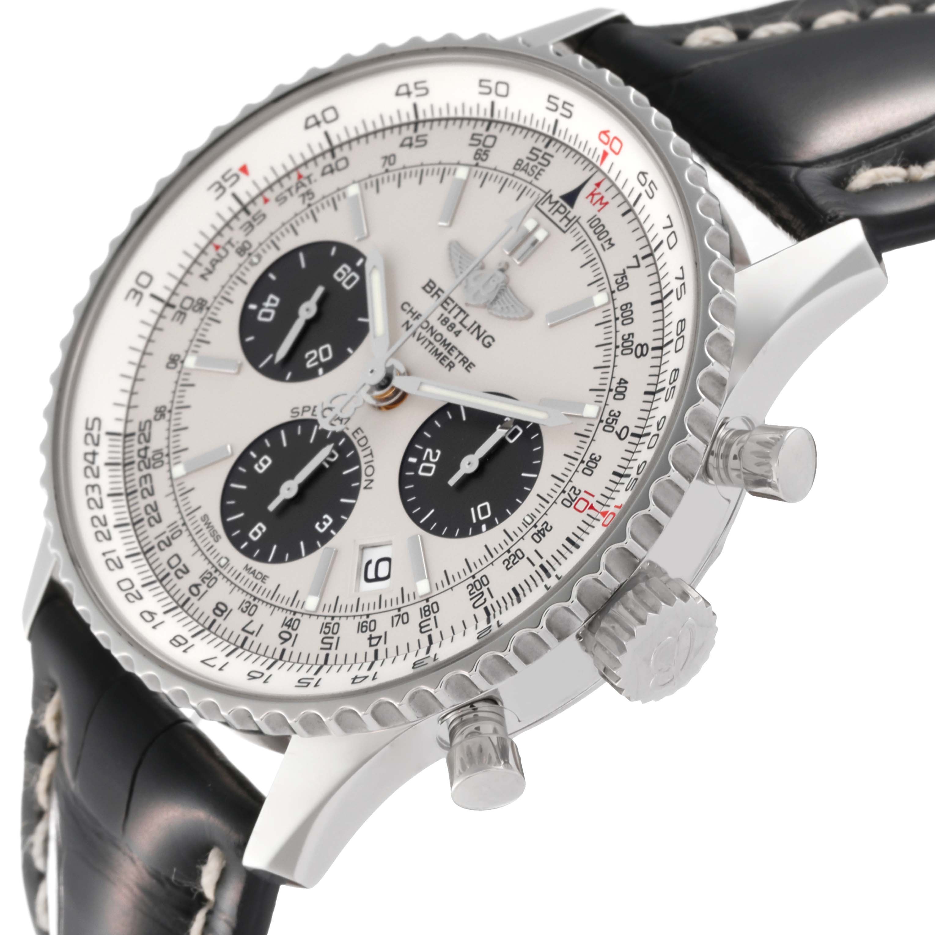 The image shows a Breitling Navitimer AB0120 Men's Stainless Steel Silver Dial AB0120 Men's Stainless Steel Silver Dial watch from a side angle, highlighting the crown, pushers, and parts of the dial and strap.