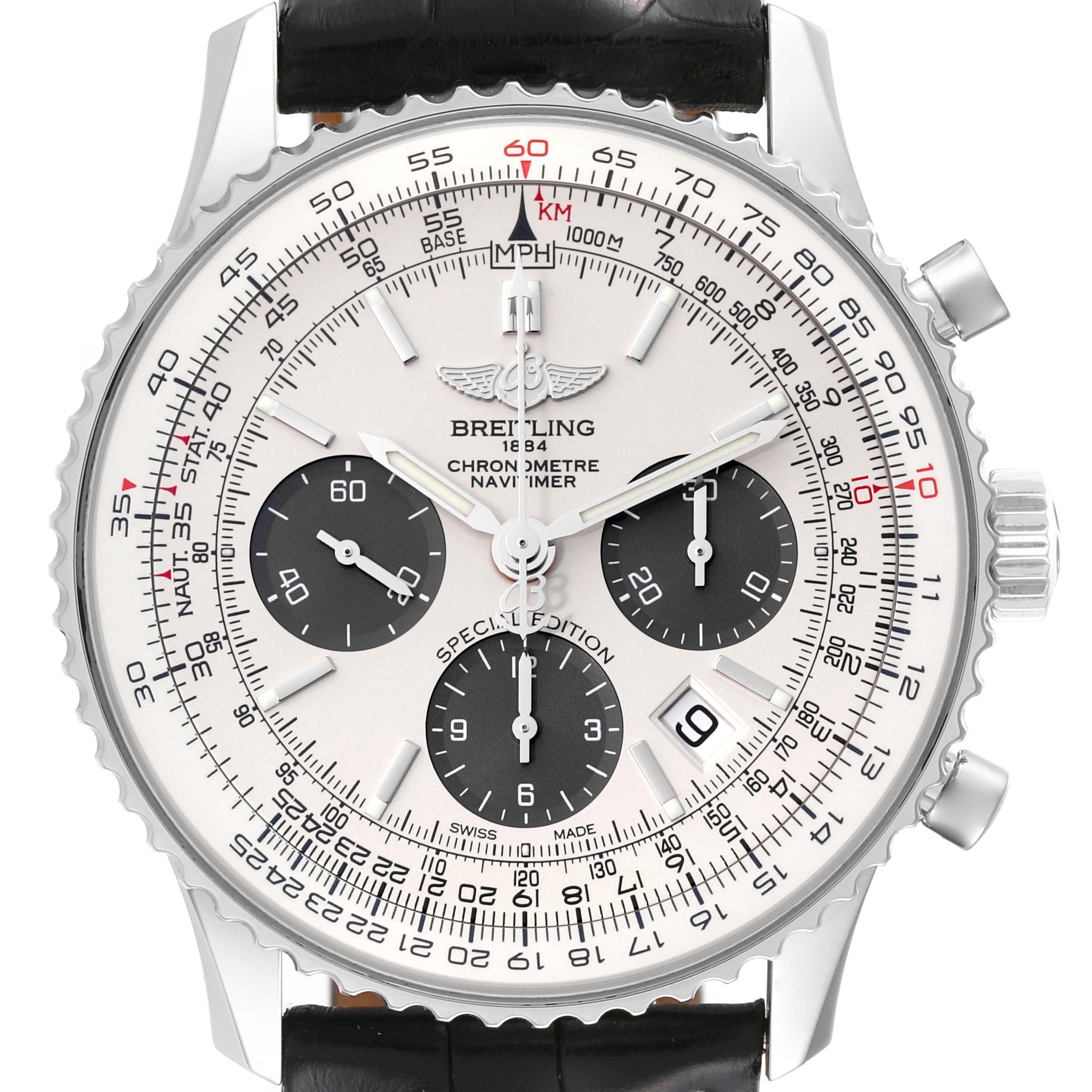 This Breitling Navitimer AB0120 Men's Stainless Steel Silver Dial AB0120 Men's Stainless Steel Silver Dial watch is shown from a front angle, displaying the dial, bezel, and chronograph subdials.