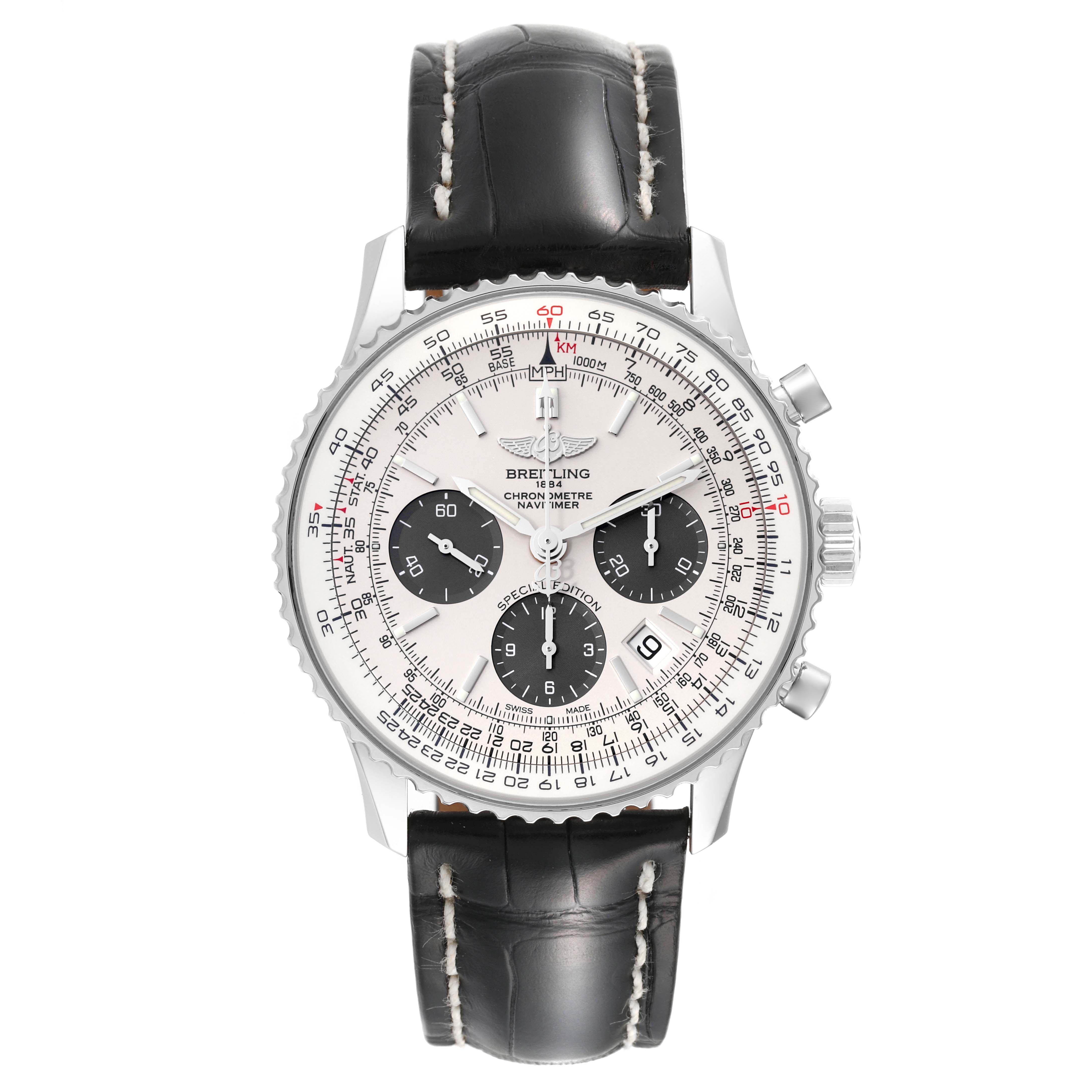 The image shows a front view of the Breitling Navitimer AB0120 Men's Stainless Steel Silver Dial AB0120 Men's Stainless Steel Silver Dial watch, displaying its face, subdials, bezel, and strap.