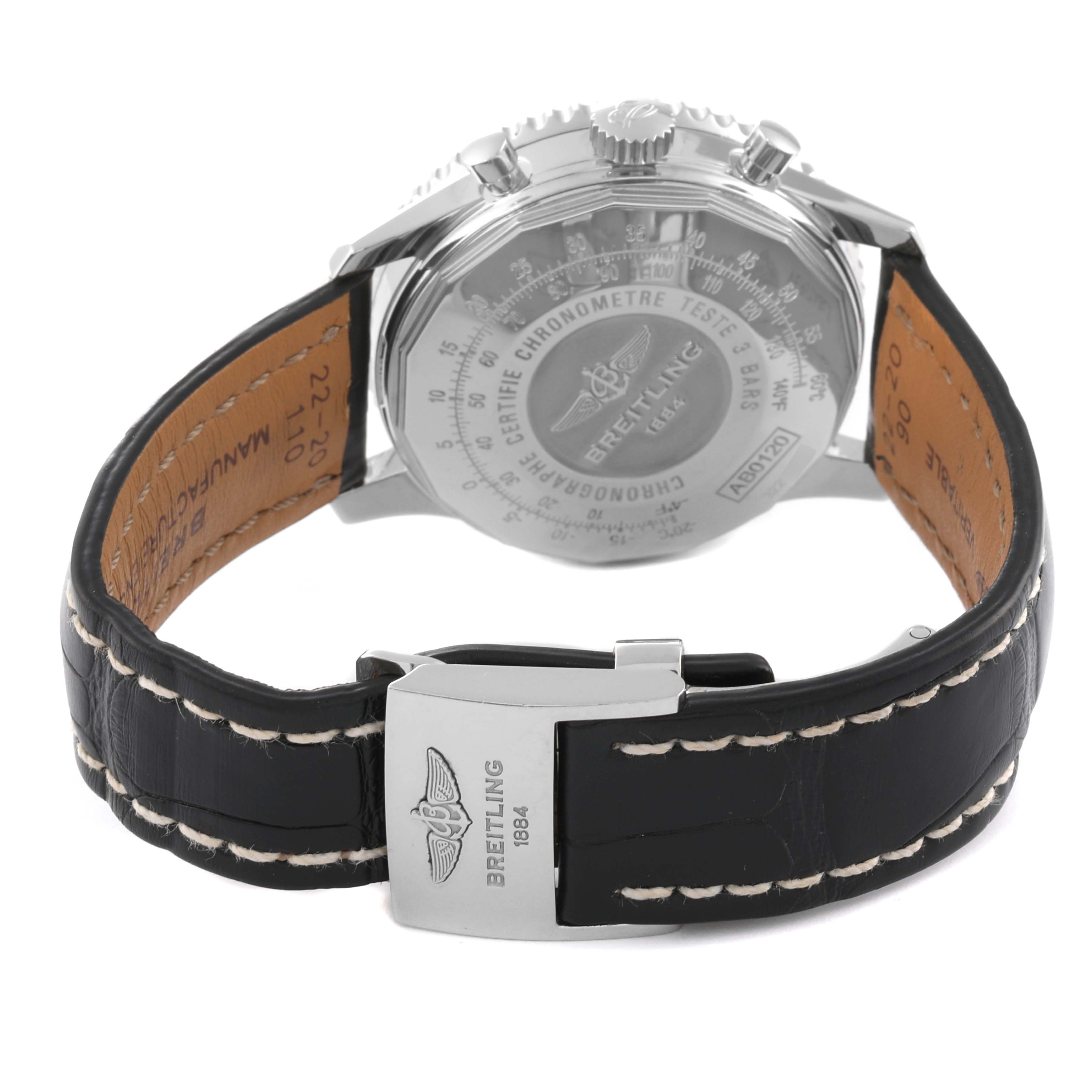 This image shows the backside of the Breitling Navitimer AB0120 Men's Stainless Steel Silver Dial AB0120 Men's Stainless Steel Silver Dial watch, focusing on the clasp, leather strap, and case back.