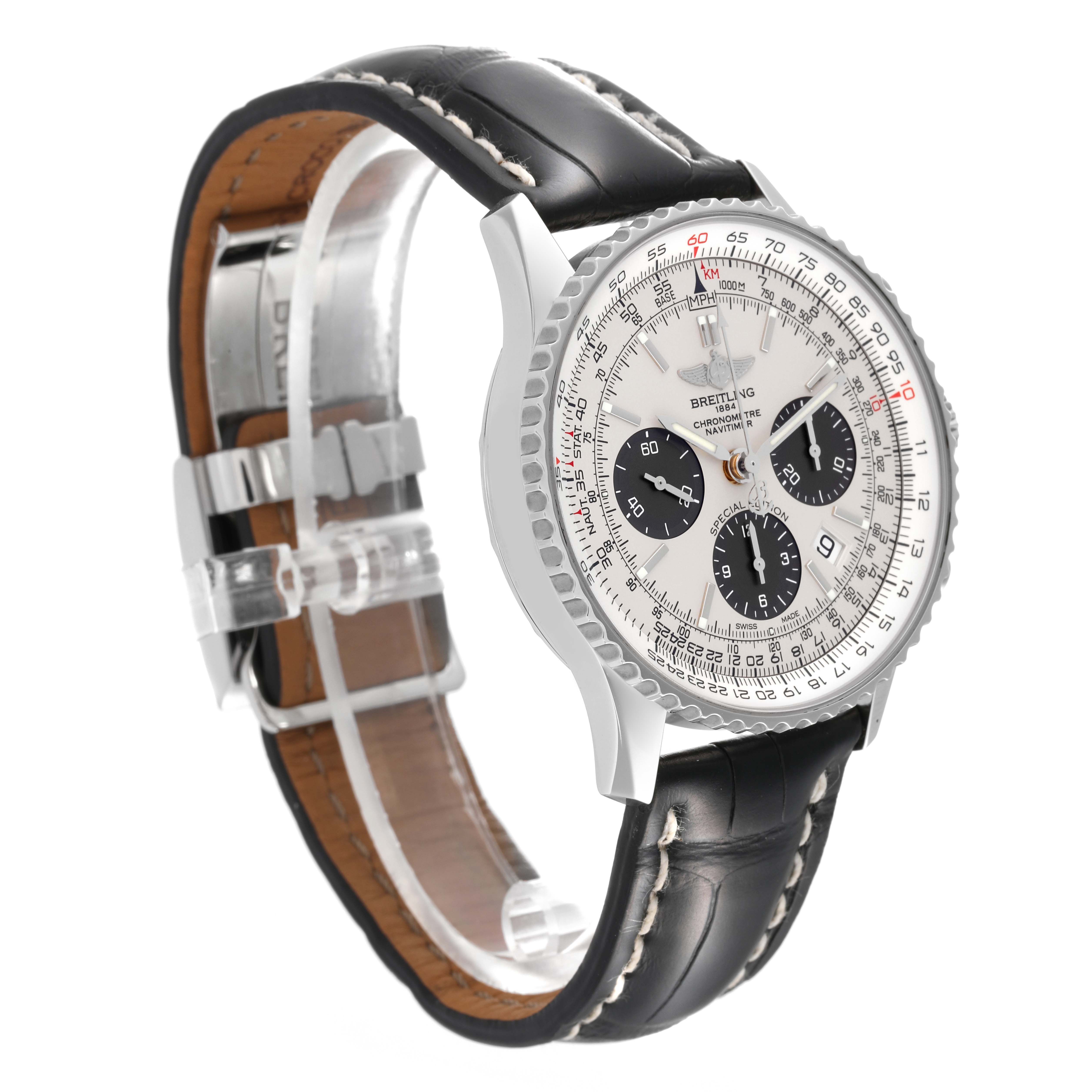 The image shows a side view of a Breitling Navitimer AB0120 Men's Stainless Steel Silver Dial AB0120 Men's Stainless Steel Silver Dial watch with a black leather strap and silver bezel.