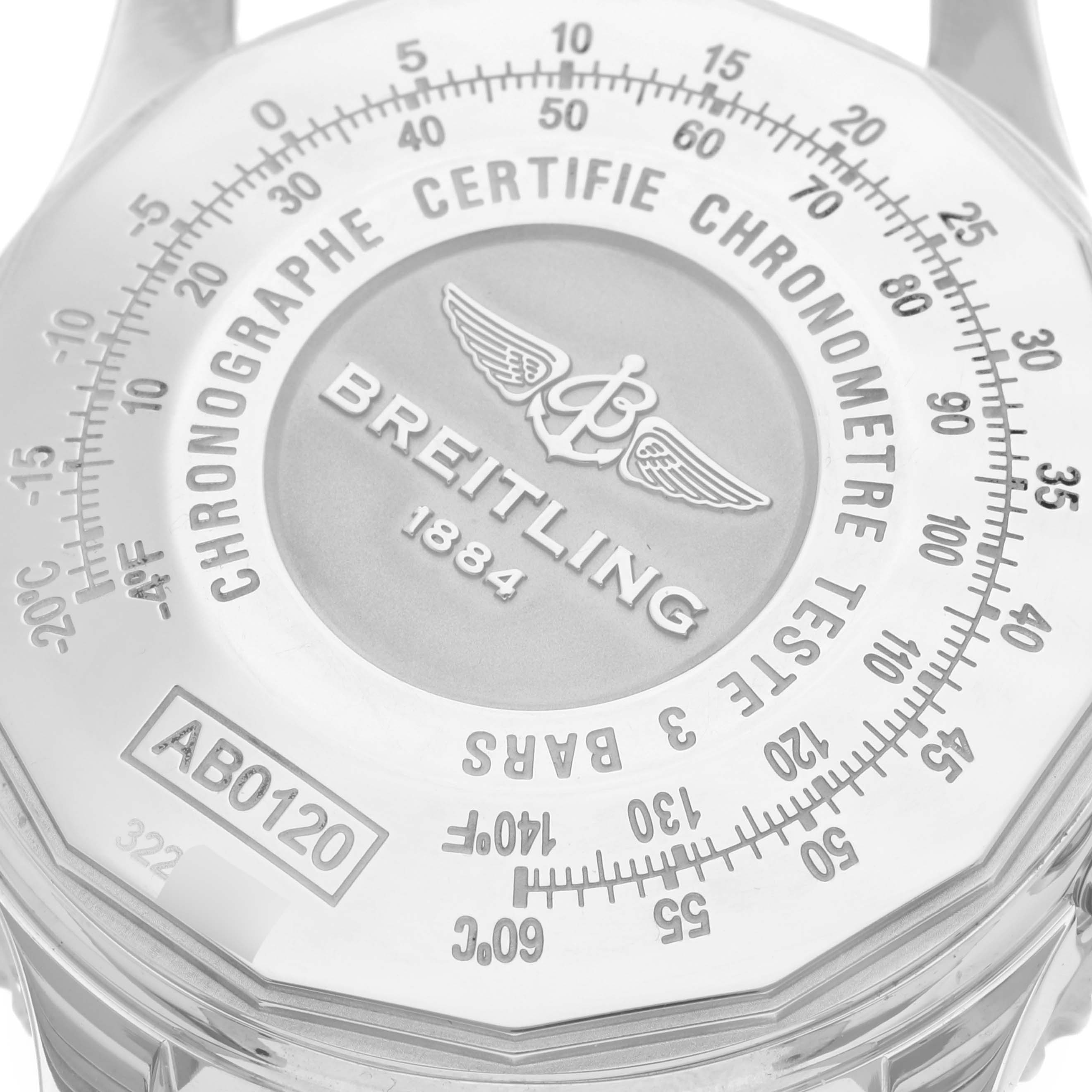 This image shows a close-up of the case back of a Breitling Navitimer AB0120 Men's Stainless Steel Silver Dial AB0120 Men's Stainless Steel Silver Dial watch, displaying the brand name, logo, and model number.