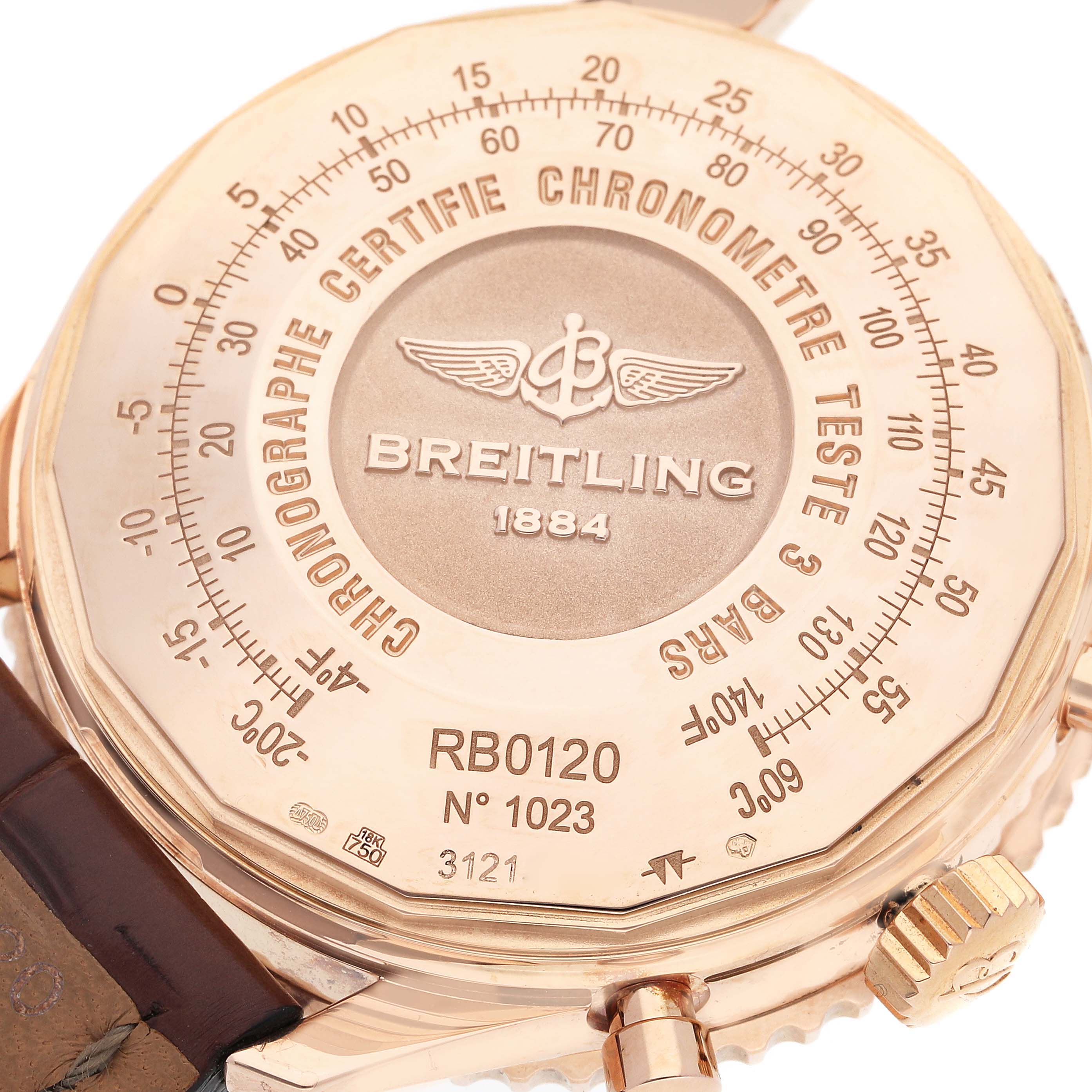 This is a close-up of the back of a Breitling Navitimer RB0120 Men's Rose Gold Black Dial RB0120 Men's Rose Gold Black Dial watch, showing the engraved details and markings.
