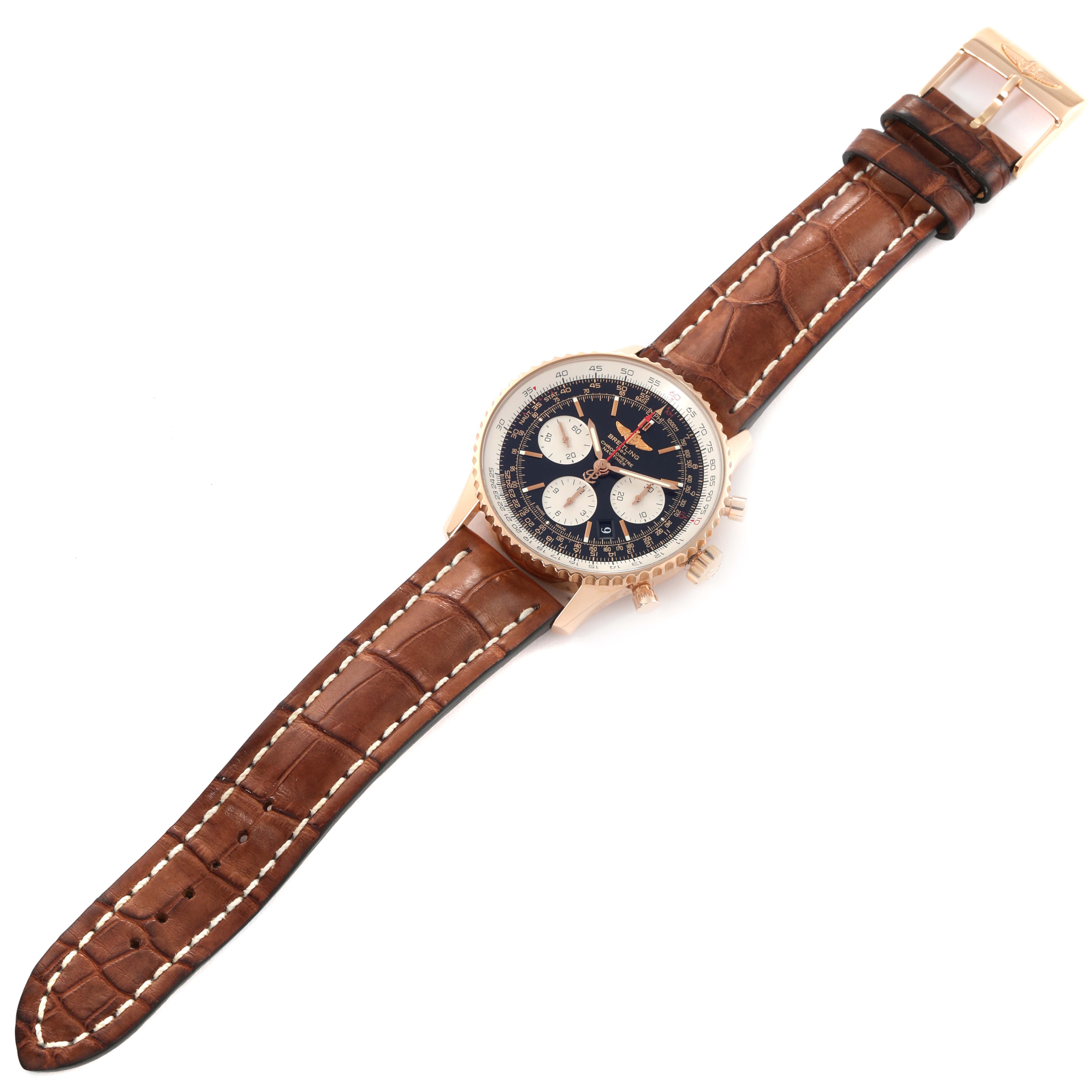 The image shows a top-down view of the Breitling Navitimer RB0120 Men's Rose Gold Black Dial RB0120 Men's Rose Gold Black Dial watch, highlighting its face, bezel, and brown strap.