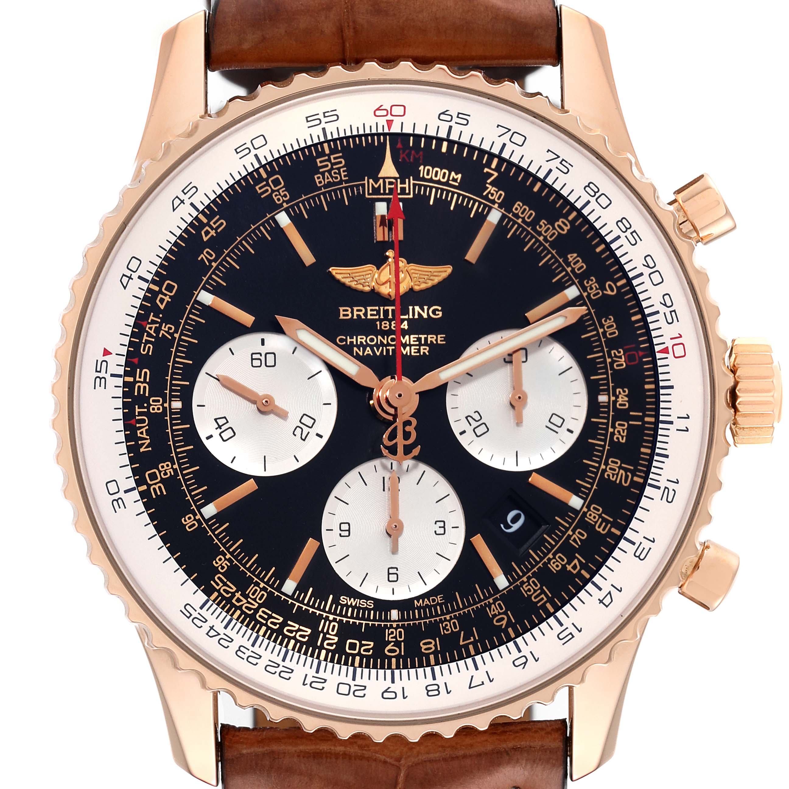 The image shows a front view of the Breitling Navitimer RB0120 Men's Rose Gold Black Dial RB0120 Men's Rose Gold Black Dial watch, highlighting the dial, subdials, and bezel.