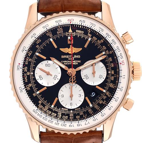 The image shows the front dial of the Breitling Navitimer model, featuring its chronograph functions and bezel.