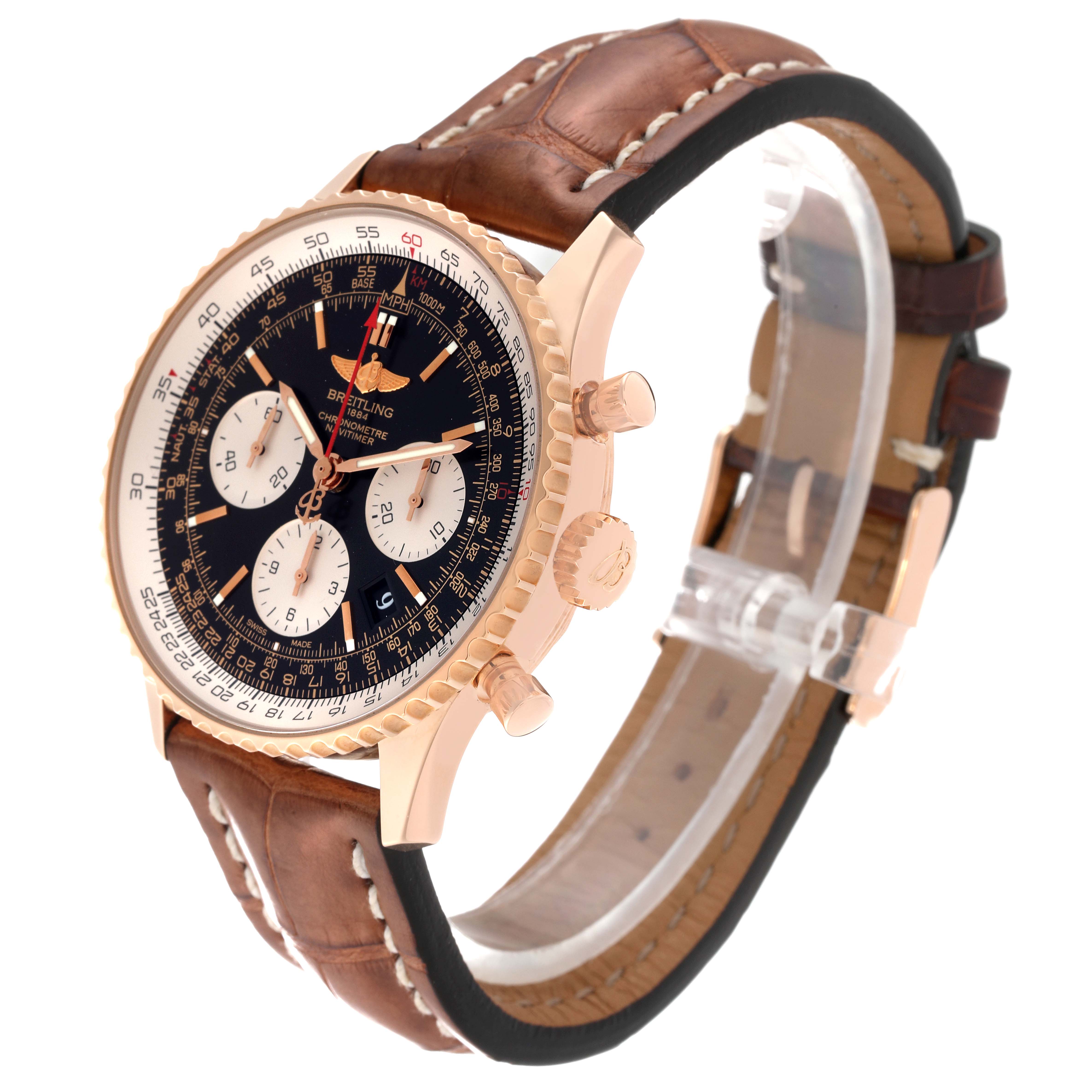 The image shows a side angle view of a Breitling Navitimer RB0120 Men's Rose Gold Black Dial RB0120 Men's Rose Gold Black Dial watch, highlighting the leather strap, crown, and chronograph pushers.