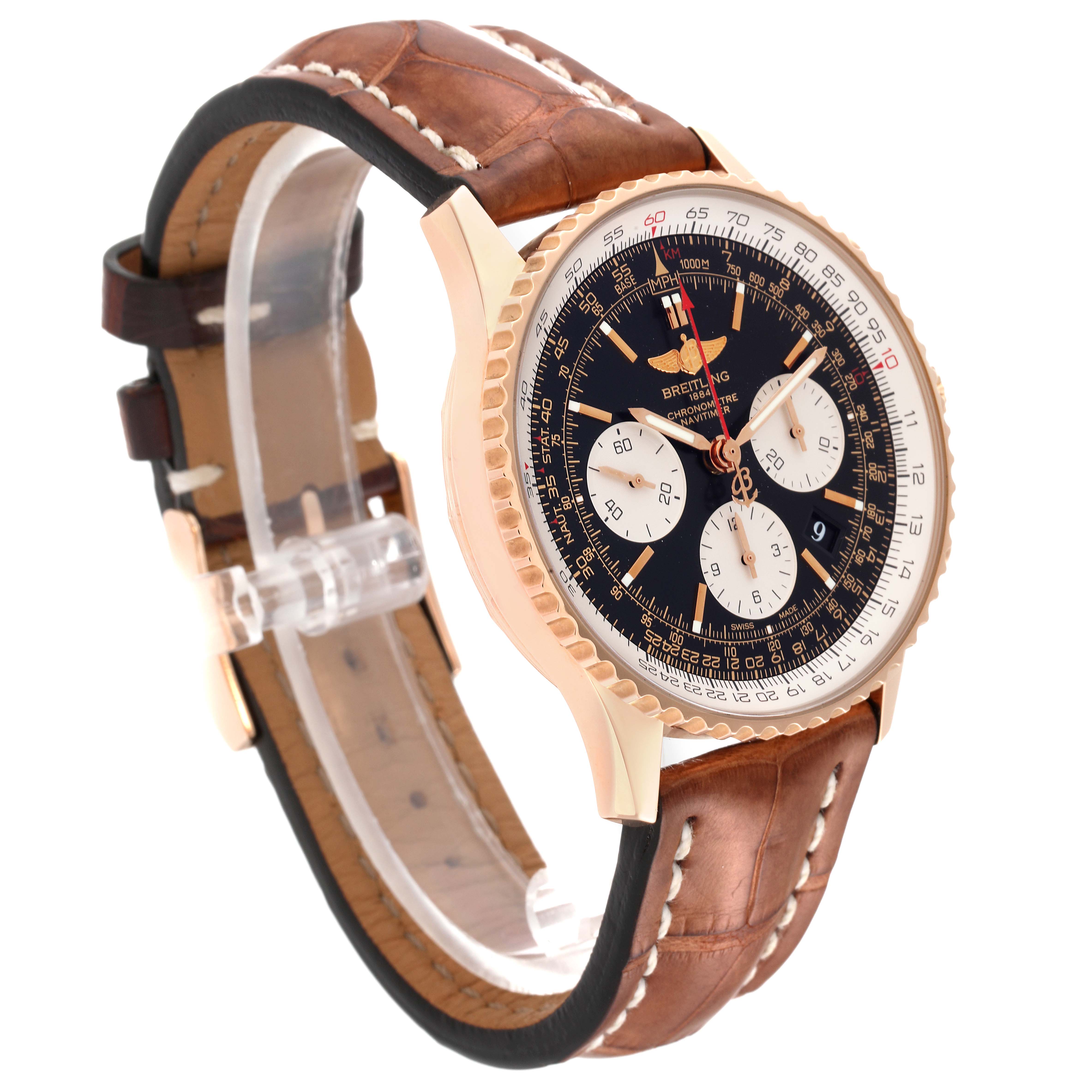 The image shows a Breitling Navitimer RB0120 Men's Rose Gold Black Dial RB0120 Men's Rose Gold Black Dial watch at a three-quarter angle, highlighting its face, gold case, and brown leather strap.