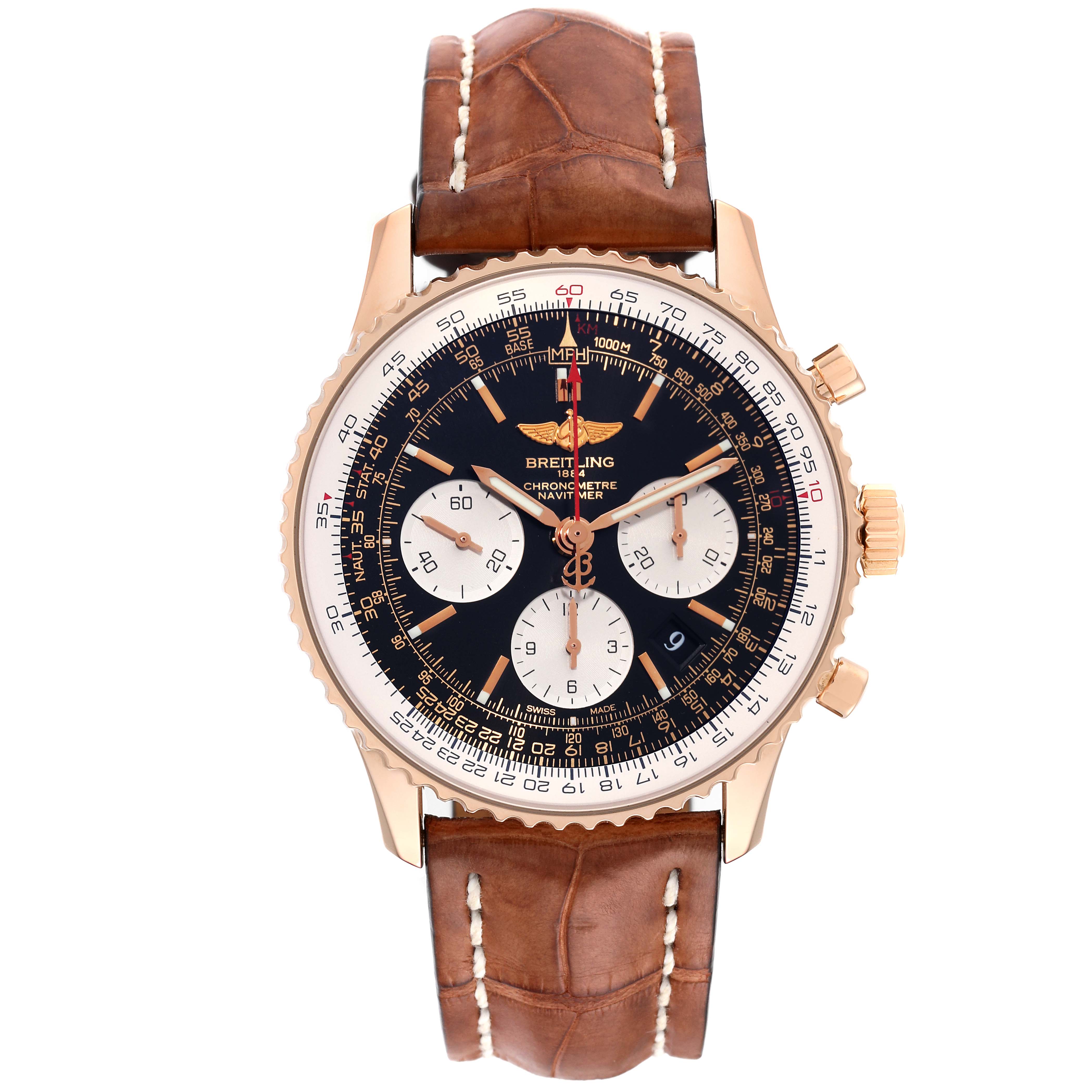 The Breitling Navitimer RB0120 Men's Rose Gold Black Dial RB0120 Men's Rose Gold Black Dial watch is shown from a front angle, displaying its dial, bezel, crown, pushers, and leather strap.