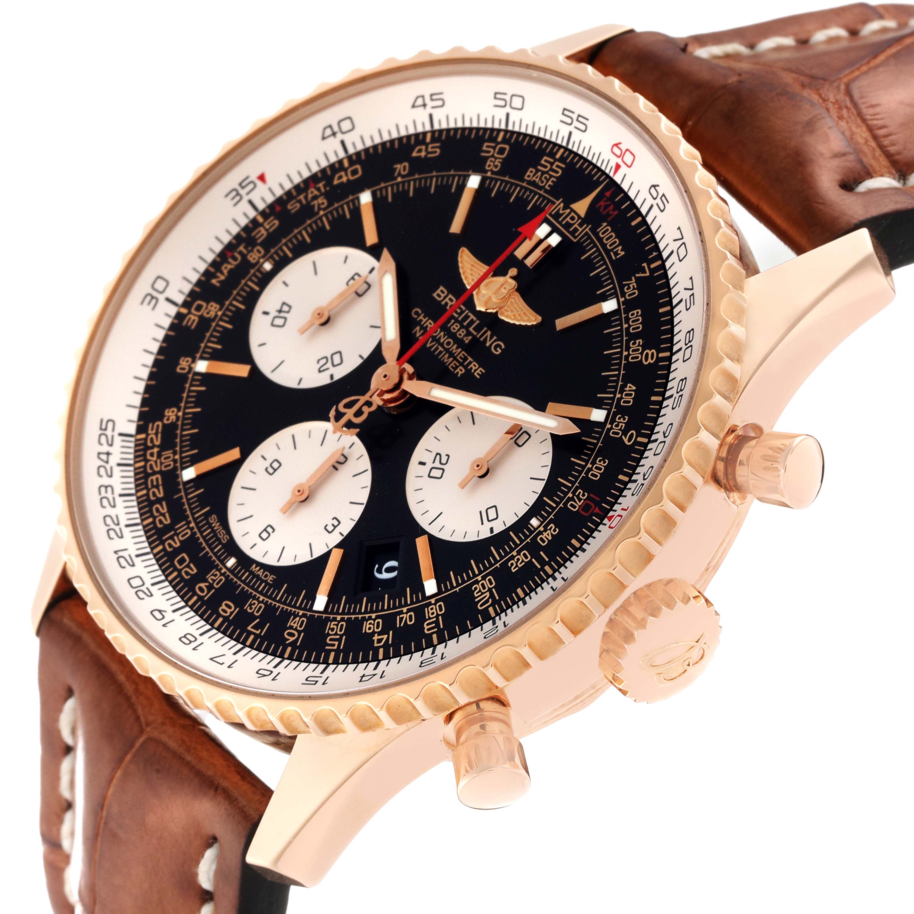 The image shows a close-up, angled view of a Breitling Navitimer RB0120 Men's Rose Gold Black Dial RB0120 Men's Rose Gold Black Dial watch, focusing on the dial, bezel, crown, and brown leather strap.