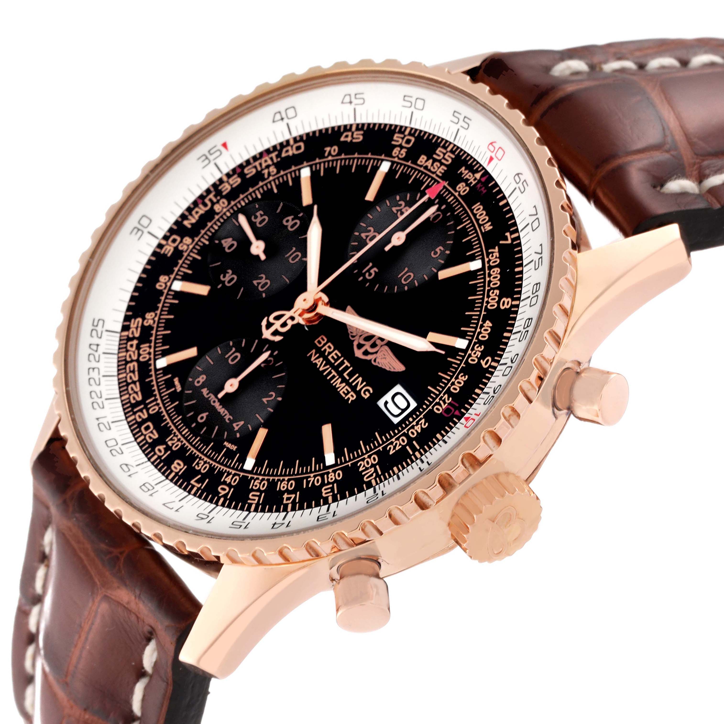 The Breitling Navitimer R13323 Men's Rose Gold Black Dial R13323 Men's Rose Gold Black Dial watch is shown at an angle highlighting the case, bezel, crown, pushers, and leather strap.