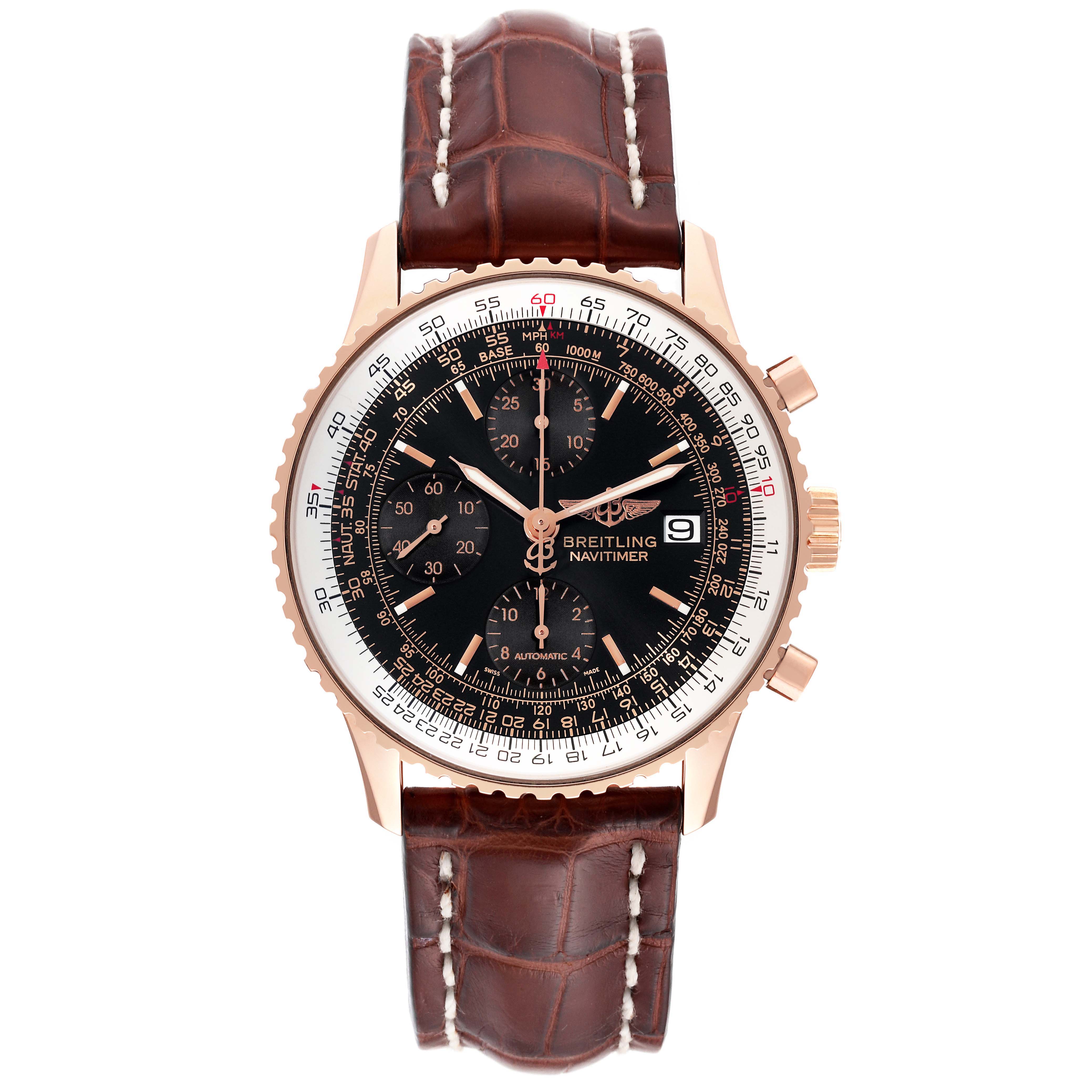 The Breitling Navitimer R13323 Men's Rose Gold Black Dial R13323 Men's Rose Gold Black Dial watch is shown from the front, displaying its face, bezel, crown, pushers, and leather strap.