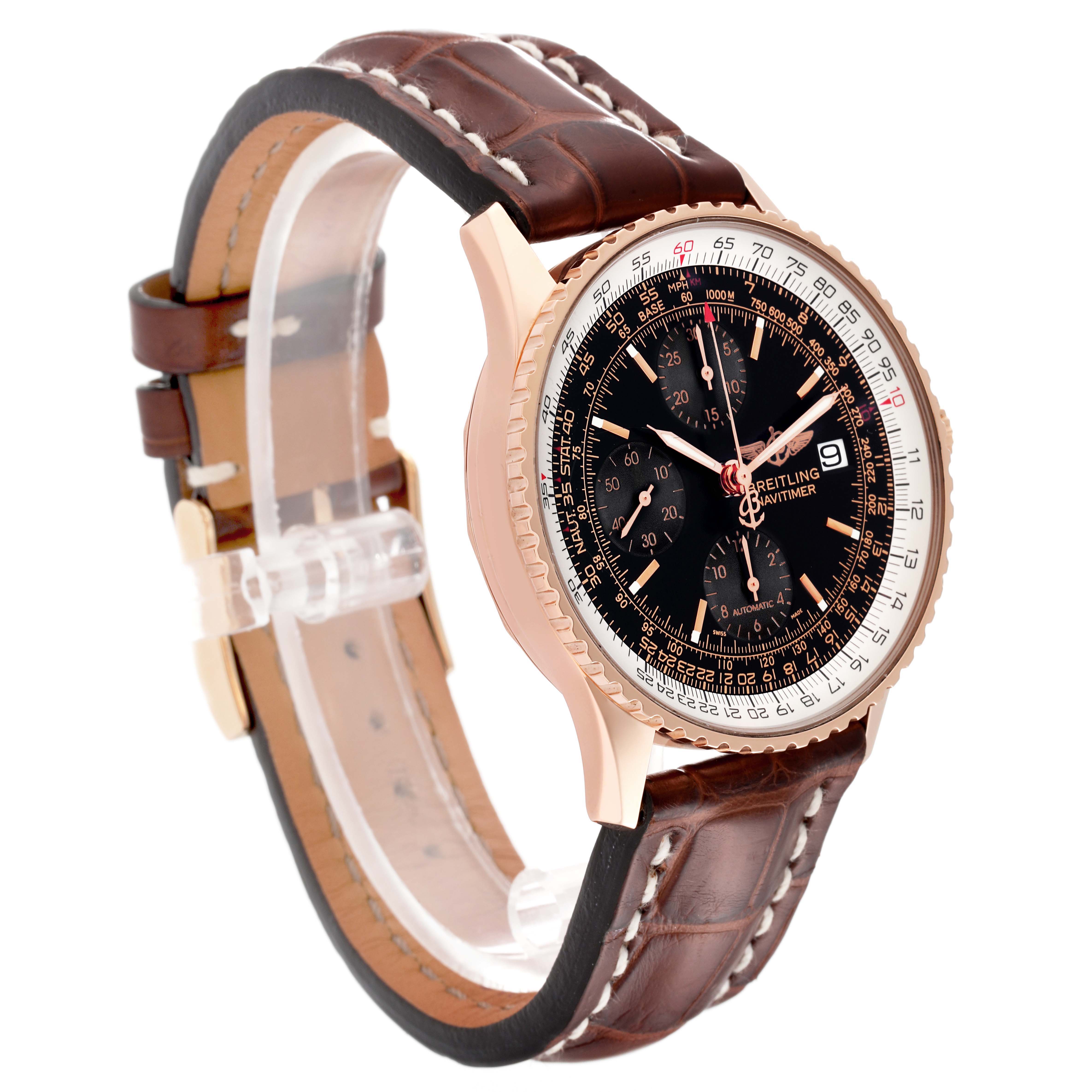 The Breitling Navitimer R13323 Men's Rose Gold Black Dial R13323 Men's Rose Gold Black Dial watch is shown at a front-side angle, highlighting its dial, bezel, and leather strap.